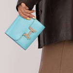 Limited Edition Hermès 2016 Bleu Atoll Tadelakt Karang Lizard Constance Short Wallet - FashioNica
