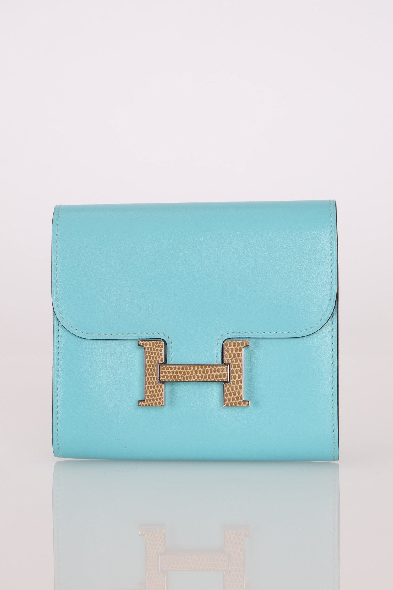 Limited Edition Hermès 2016 Bleu Atoll Tadelakt Karang Lizard Constance Short Wallet - FashioNica