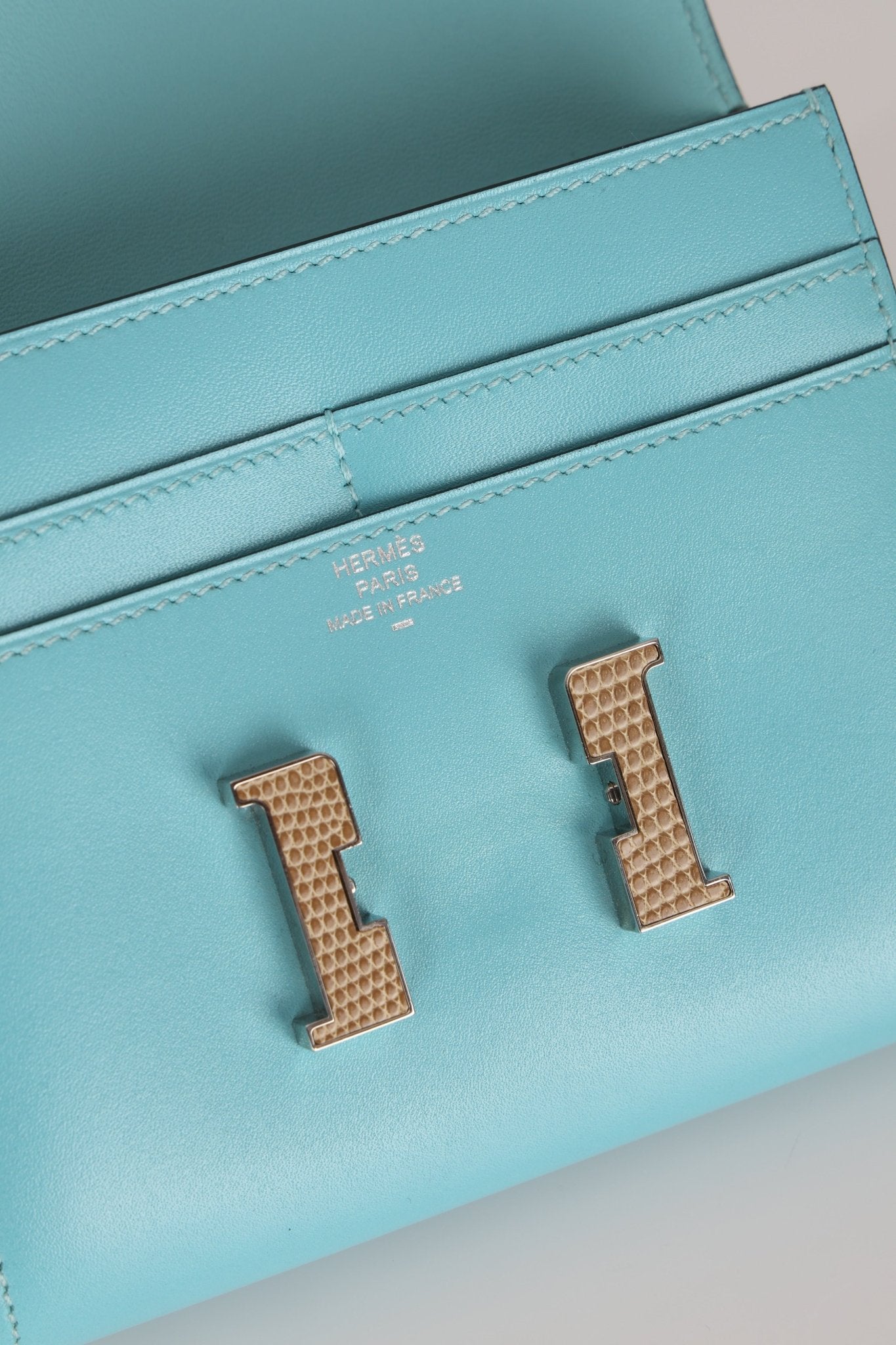 Limited Edition Hermès 2016 Bleu Atoll Tadelakt Karang Lizard Constance Short Wallet - FashioNica