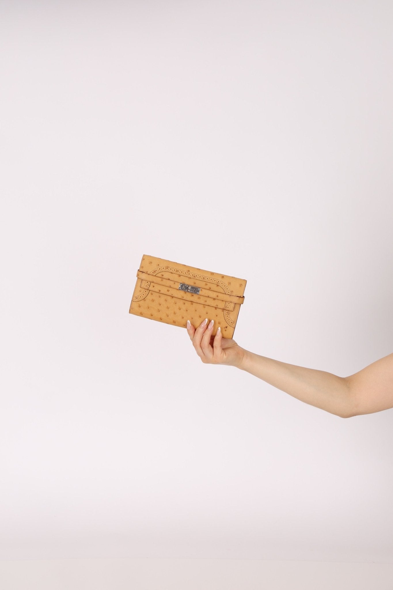 Limited Edition Hermes 2017 Tabac Camel Ostrich Ghillies Kelly Long Wallet PHW - FashioNica