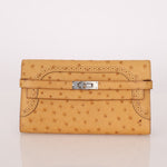 Limited Edition Hermes 2017 Tabac Camel Ostrich Ghillies Kelly Long Wallet PHW - FashioNica