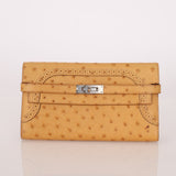 Limited Edition Hermes 2017 Tabac Camel Ostrich Ghillies Kelly Long Wallet PHW - FashioNica