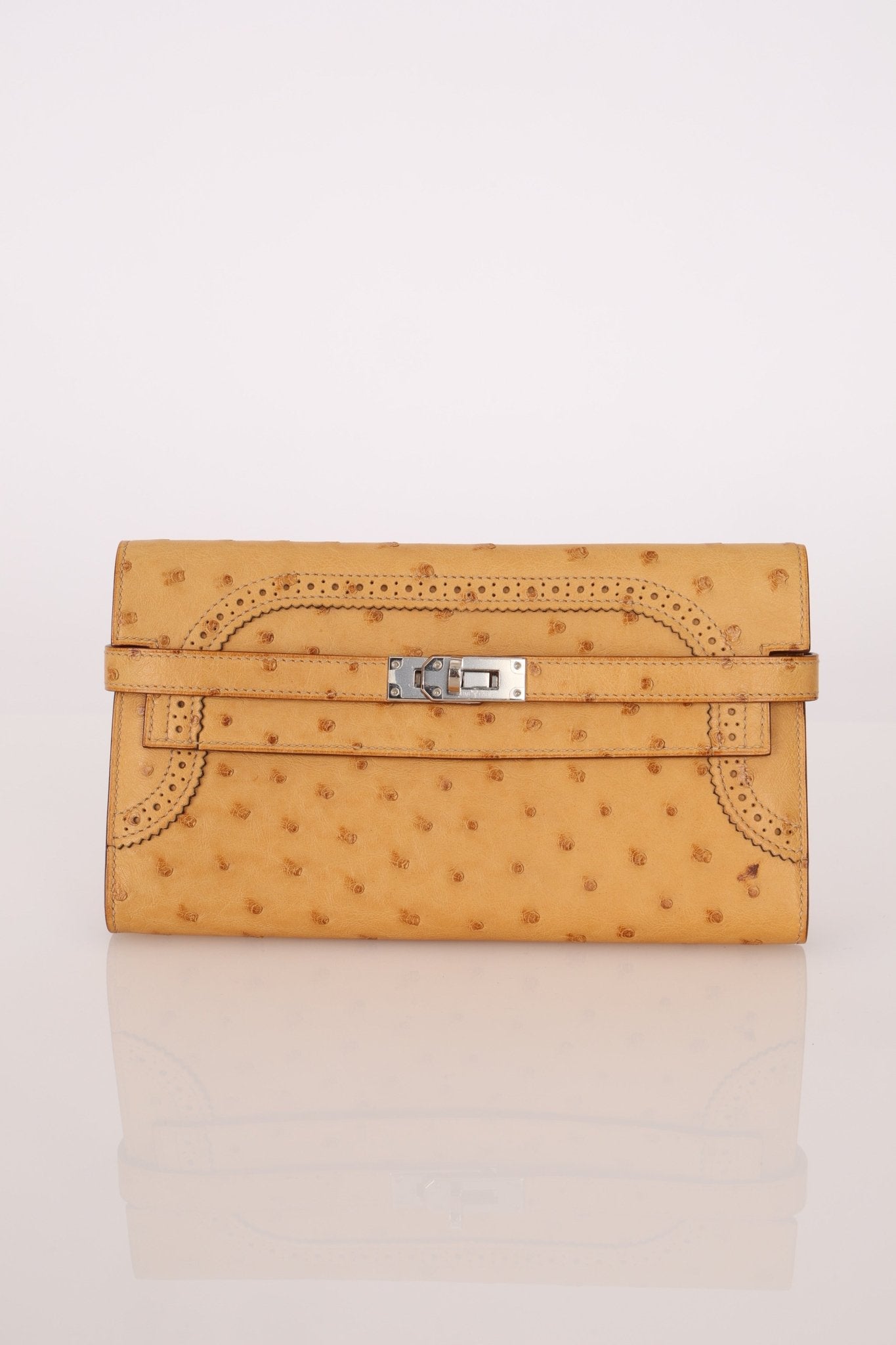 Limited Edition Hermes 2017 Tabac Camel Ostrich Ghillies Kelly Long Wallet PHW - FashioNica