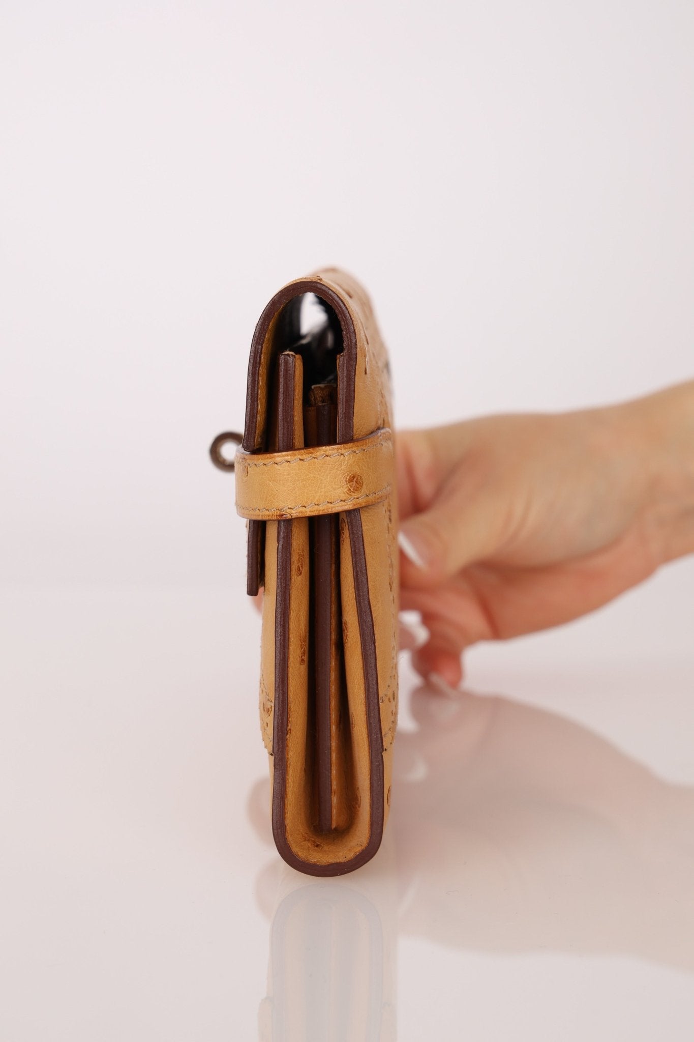 Limited Edition Hermes 2017 Tabac Camel Ostrich Ghillies Kelly Long Wallet PHW - FashioNica