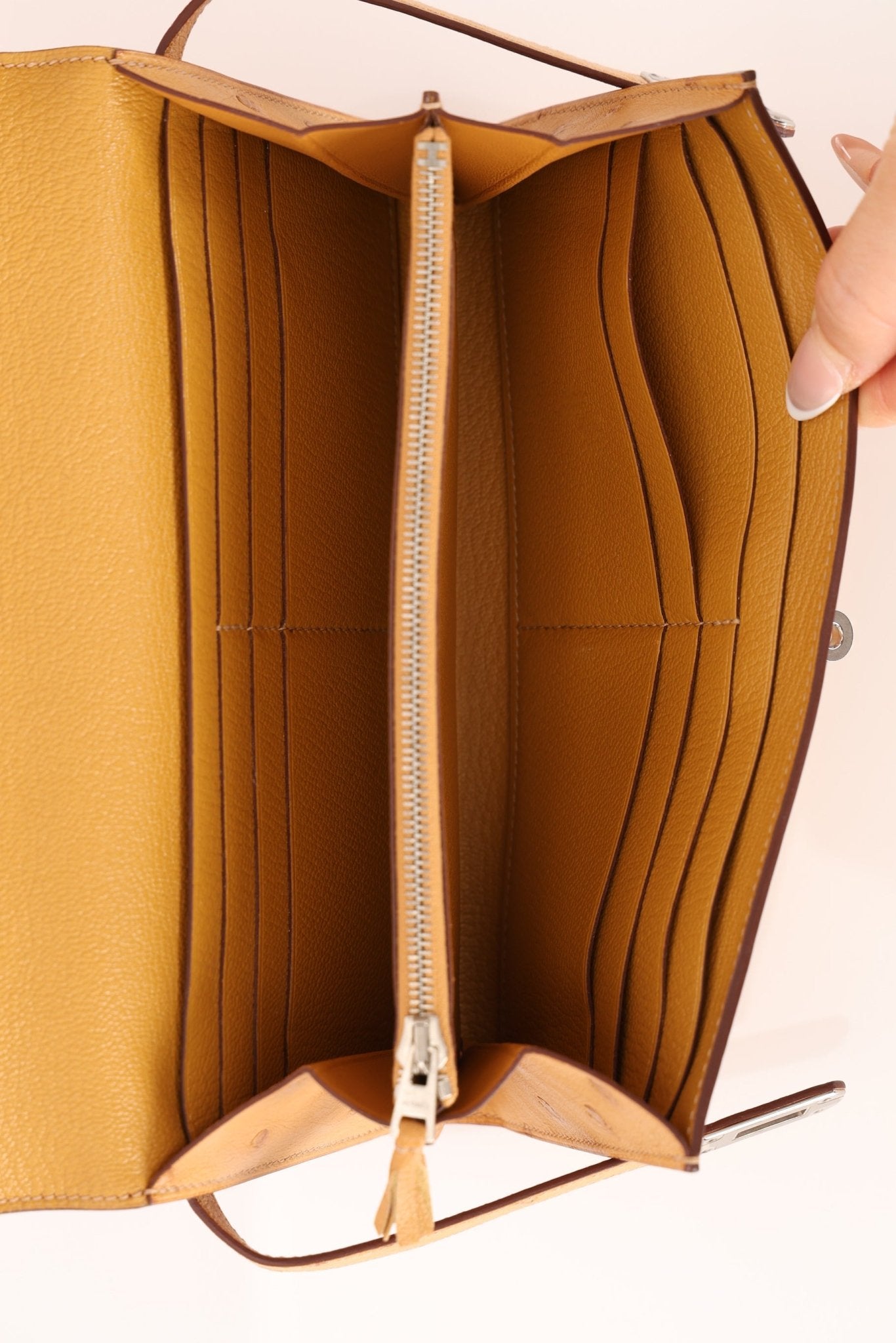 Limited Edition Hermes 2017 Tabac Camel Ostrich Ghillies Kelly Long Wallet PHW - FashioNica