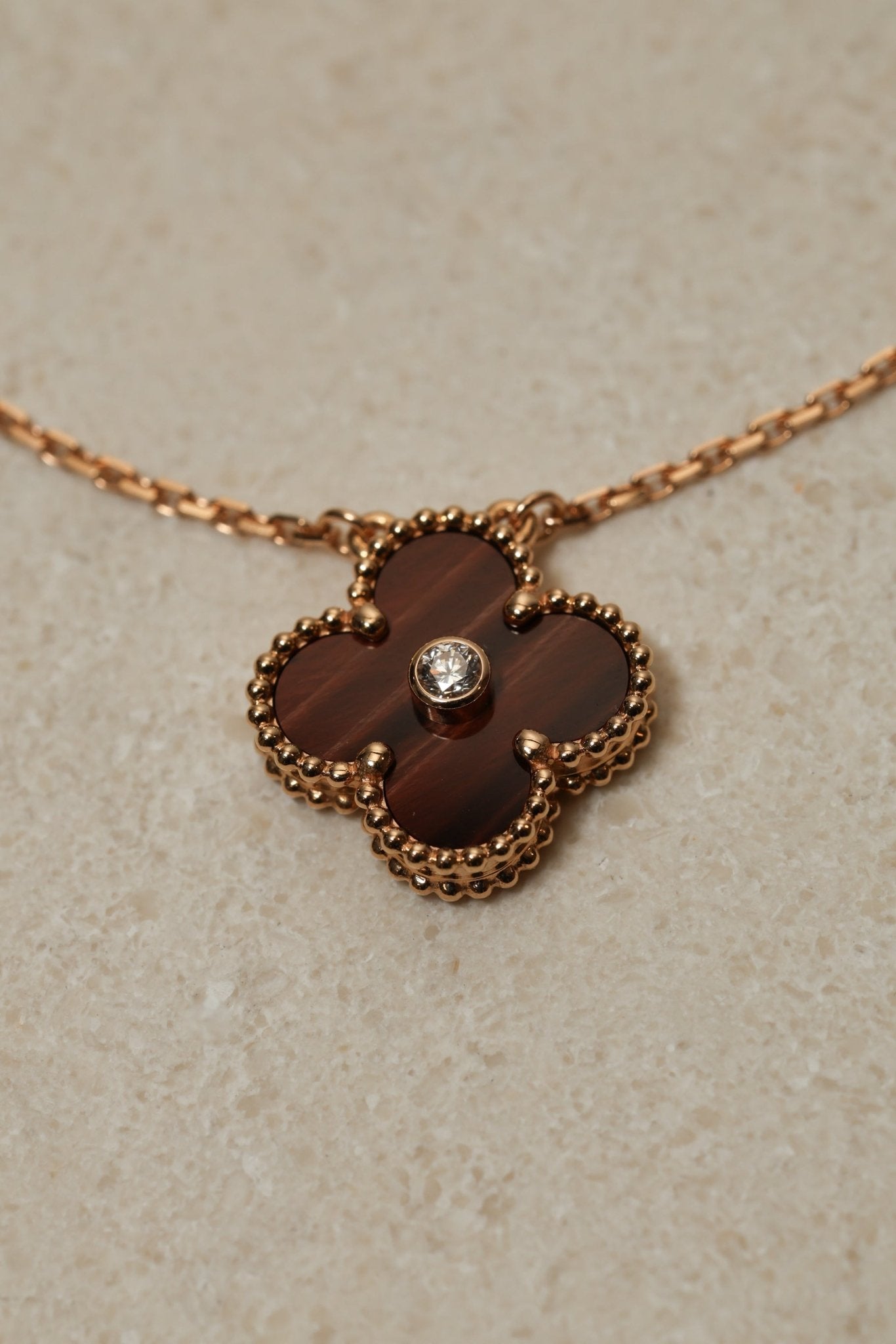 Limited Edition Van Cleef & Arpels 2017 18K RG Vintage Alhambra Bull's Eye Diamond Pendant Necklace - FashioNica