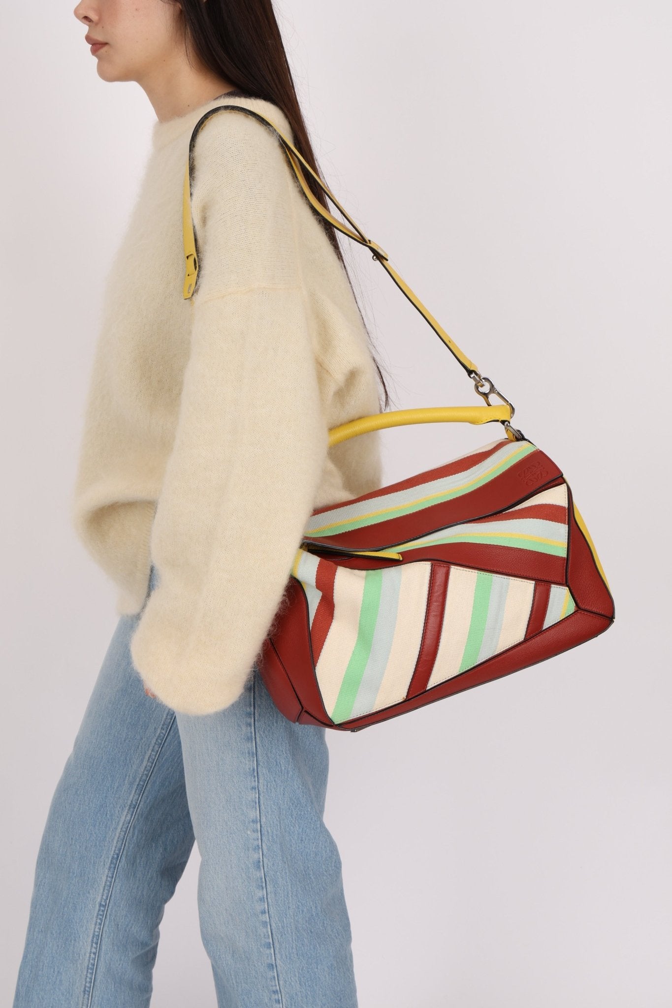 Loewe Leather and Striped Canvas Large Puzzle Bag - FashioNica