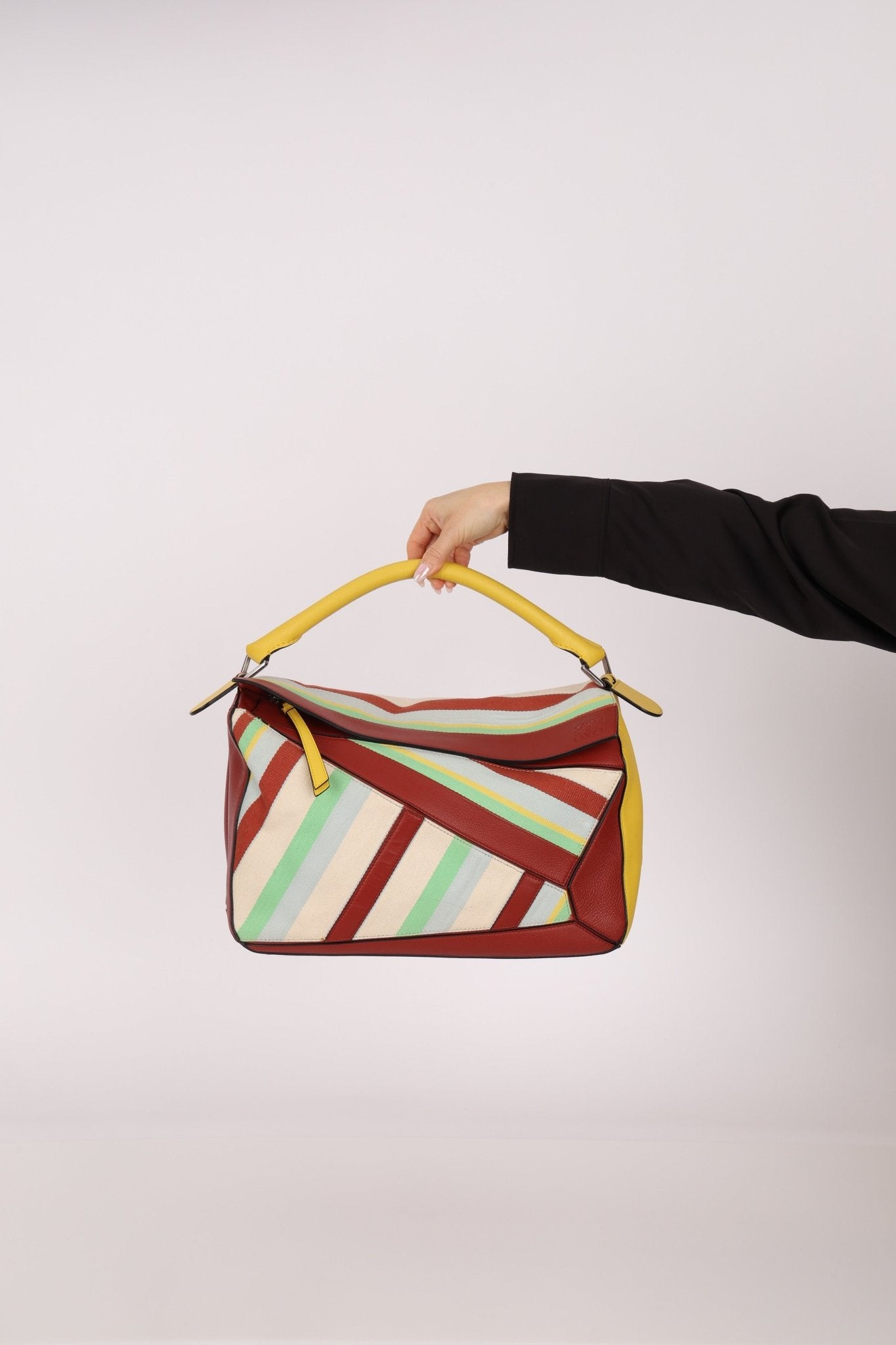 Loewe Leather and Striped Canvas Large Puzzle Bag - FashioNica