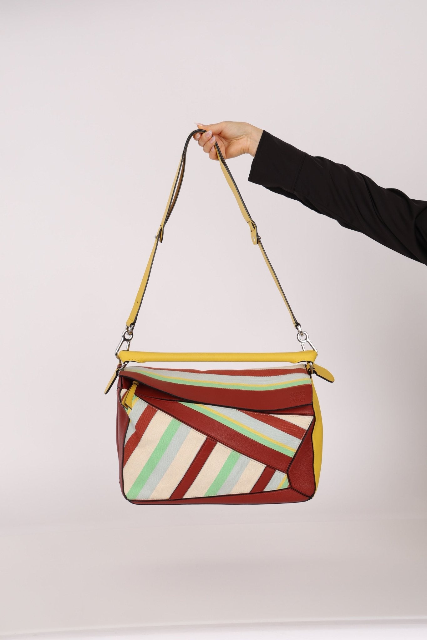 Loewe Leather and Striped Canvas Large Puzzle Bag - FashioNica