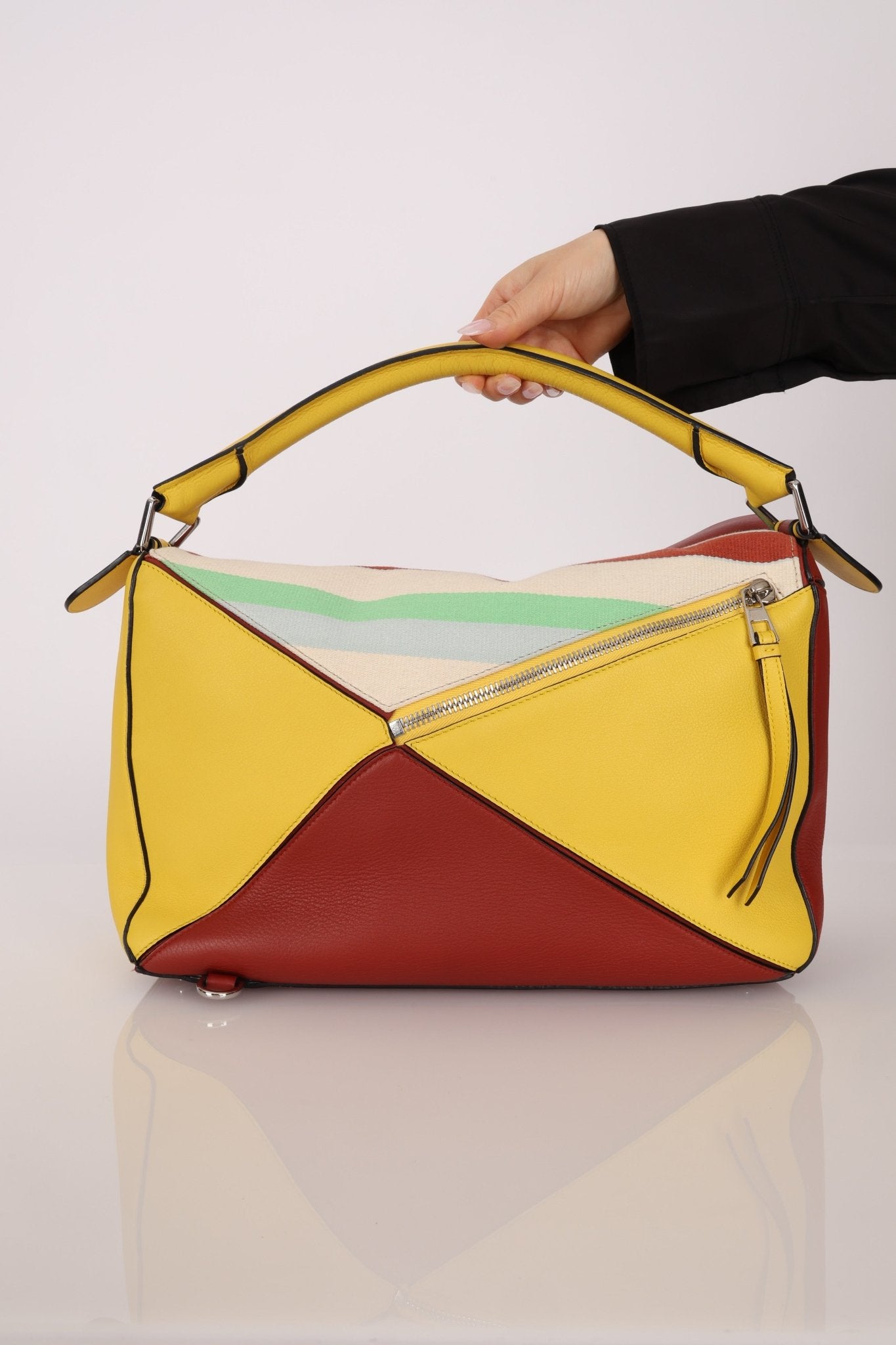 Loewe Leather and Striped Canvas Large Puzzle Bag - FashioNica