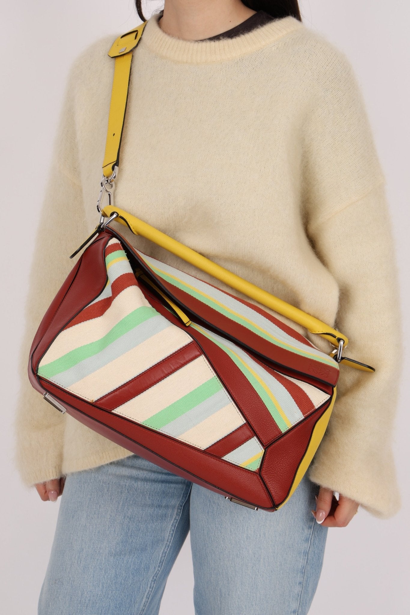 Loewe Leather and Striped Canvas Large Puzzle Bag - FashioNica
