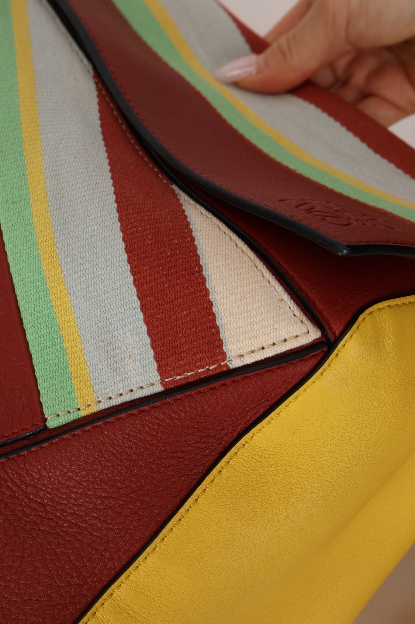 Loewe Leather and Striped Canvas Large Puzzle Bag - FashioNica