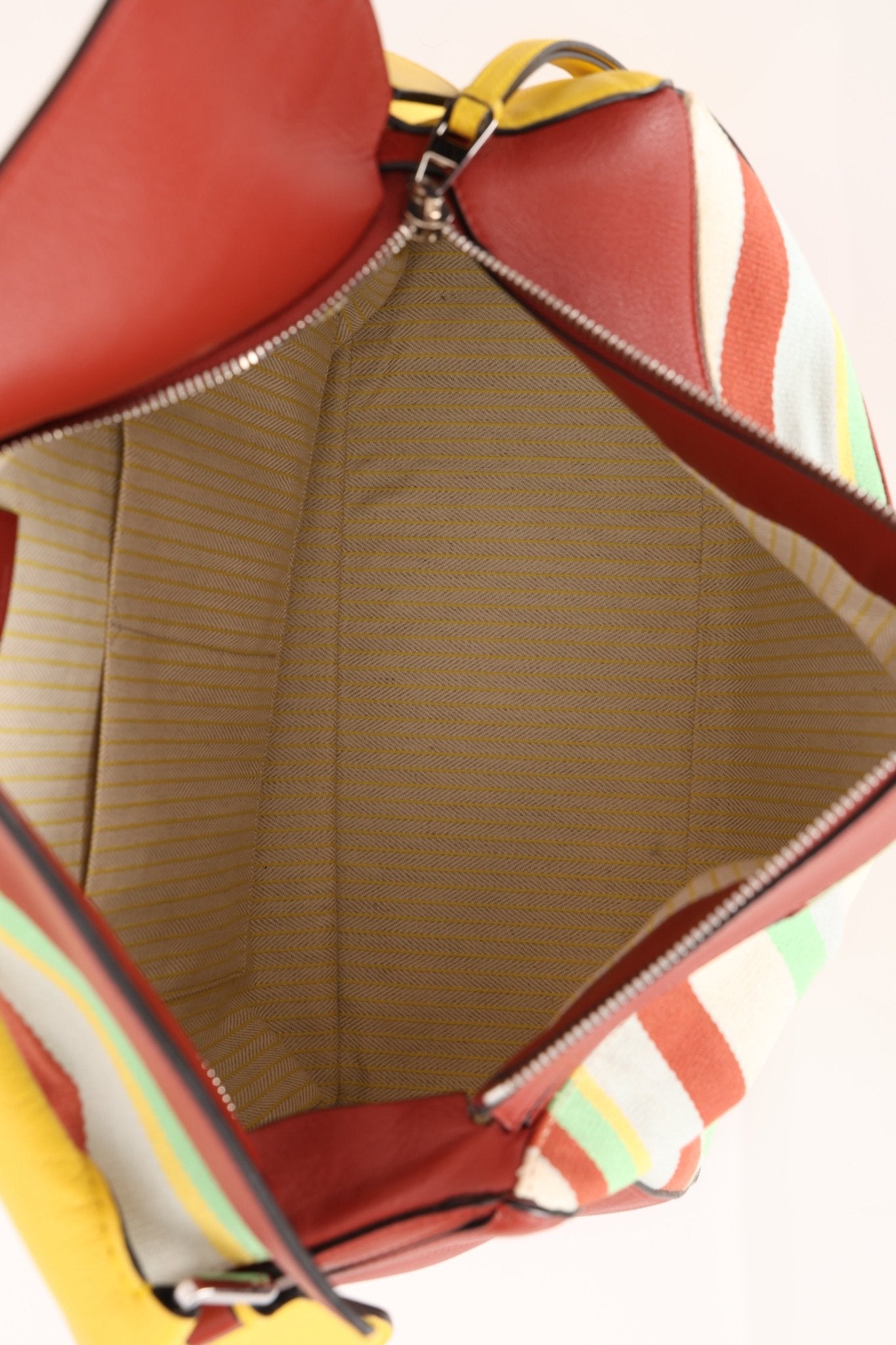 Loewe Leather and Striped Canvas Large Puzzle Bag - FashioNica