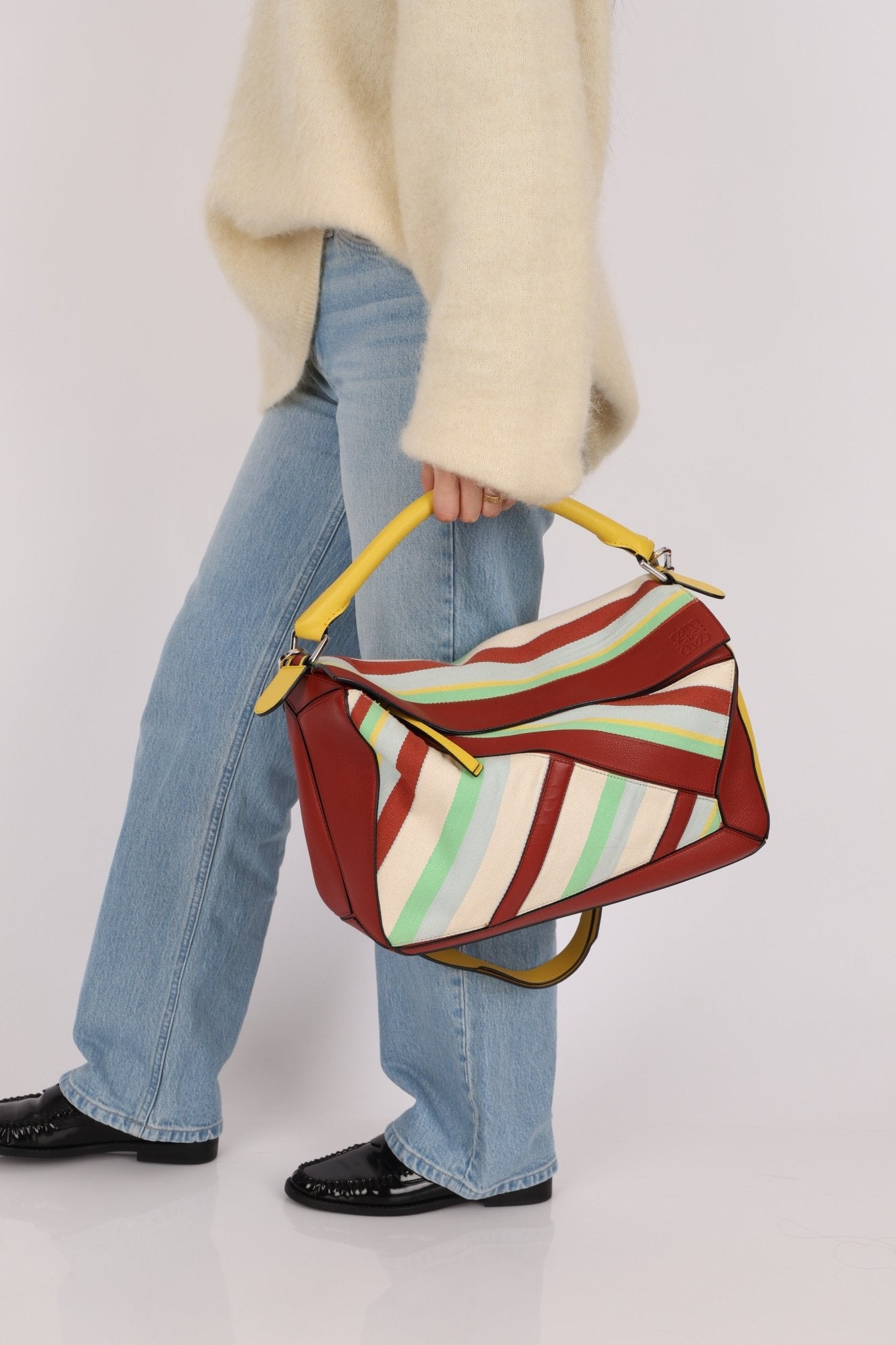 Loewe Leather and Striped Canvas Large Puzzle Bag - FashioNica