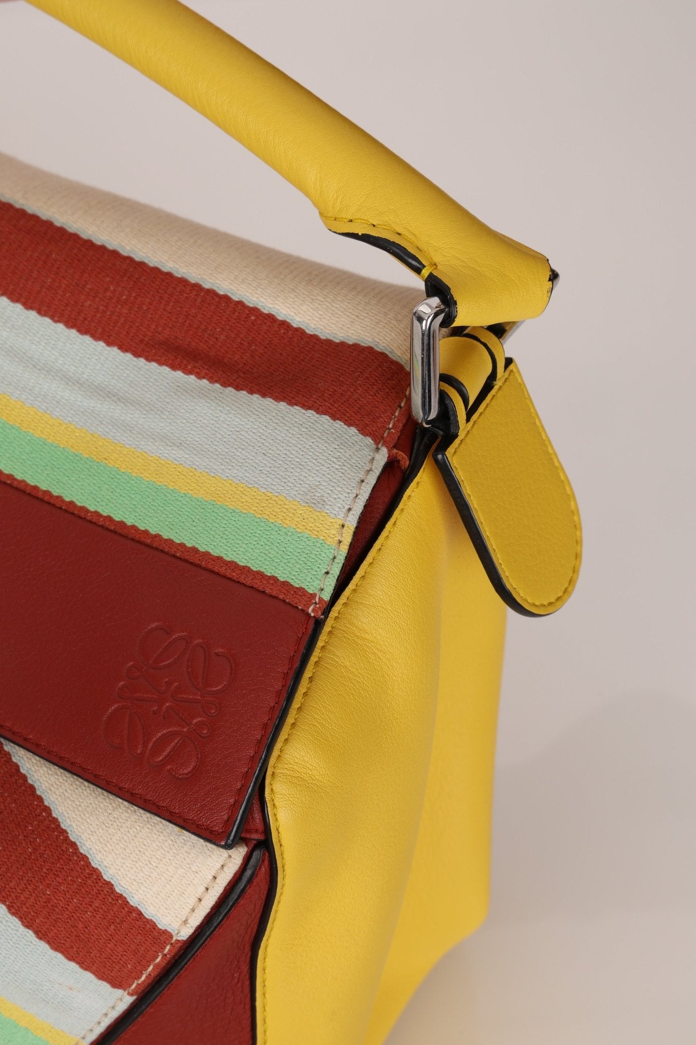 Loewe Leather and Striped Canvas Large Puzzle Bag - FashioNica