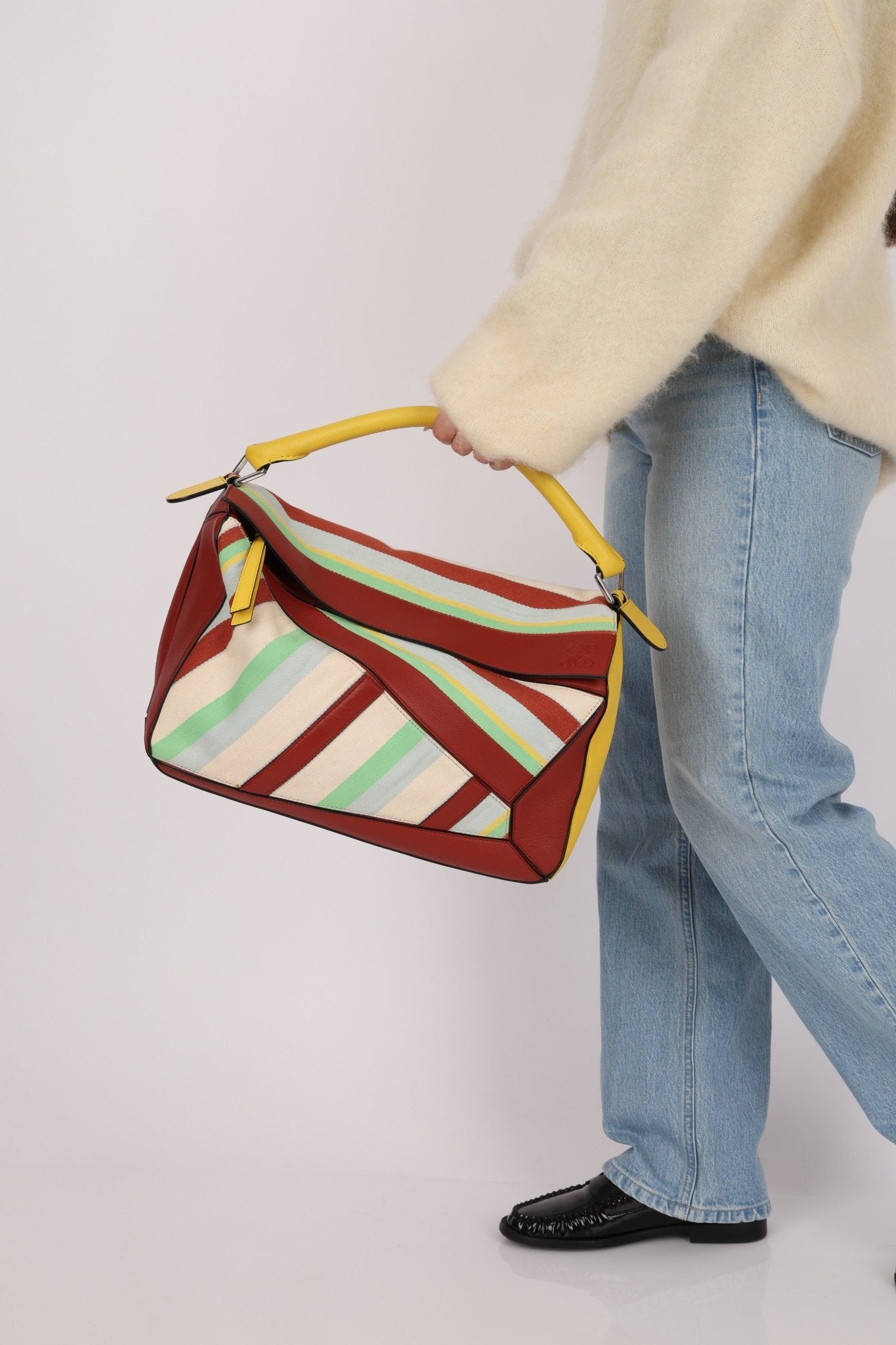 Loewe Leather and Striped Canvas Large Puzzle Bag - FashioNica