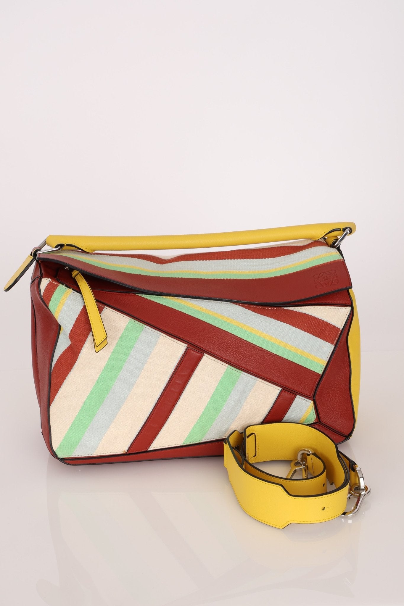 Loewe Leather and Striped Canvas Large Puzzle Bag - FashioNica