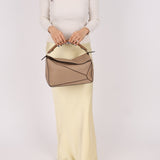 Loewe Leather Medium Taupe Pebbled Bicolor Puzzle - FashioNica