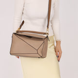 Loewe Leather Medium Taupe Pebbled Bicolor Puzzle - FashioNica