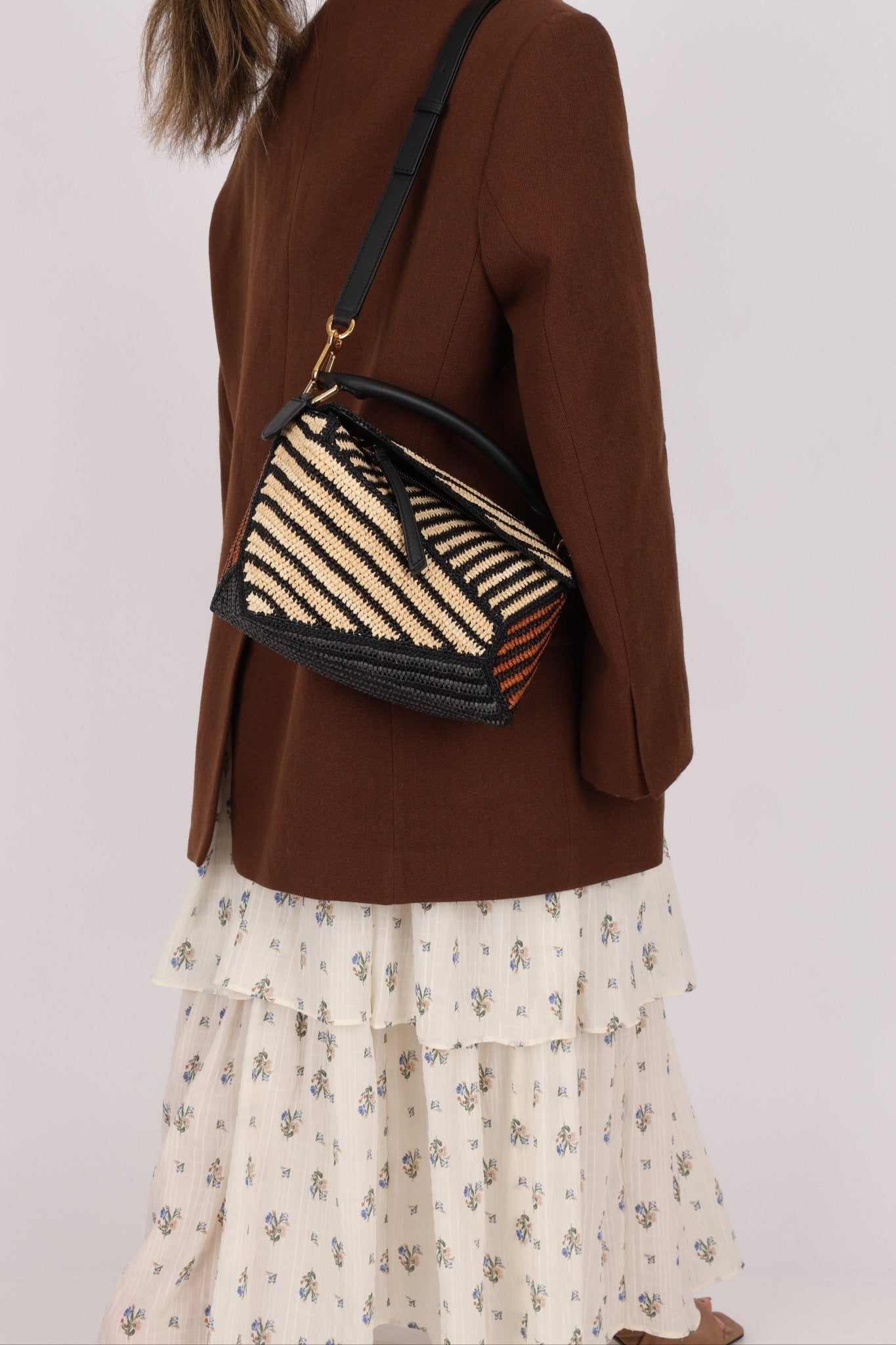 Loewe Raffia Woven and Calfskin Small Puzzle Edge - FashioNica