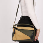 Loewe Suede & Olive Medium Puzzle Bag - FashioNica