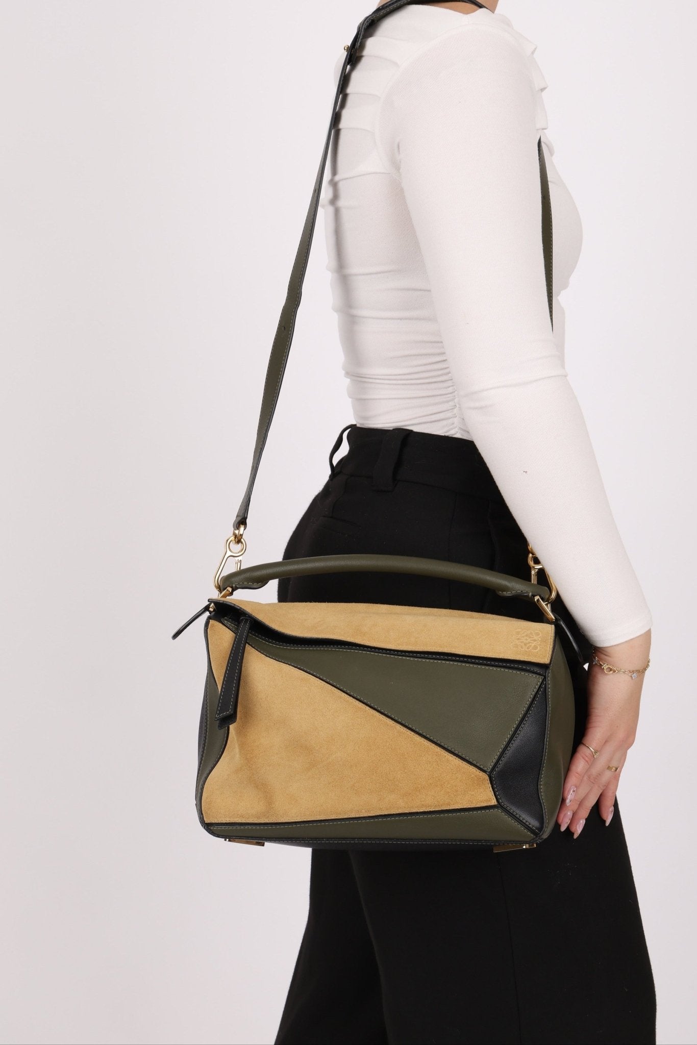 Loewe Suede & Olive Medium Puzzle Bag - FashioNica