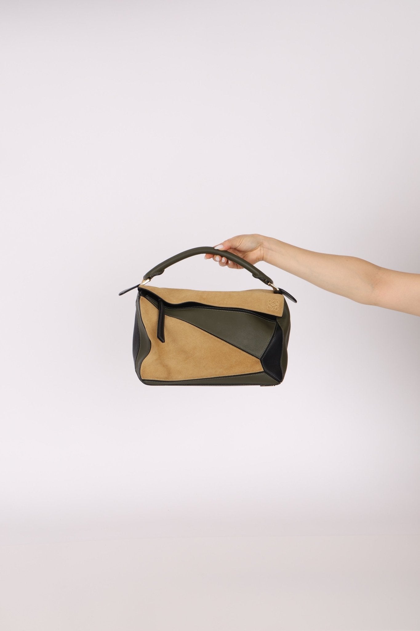 Loewe Suede & Olive Medium Puzzle Bag - FashioNica