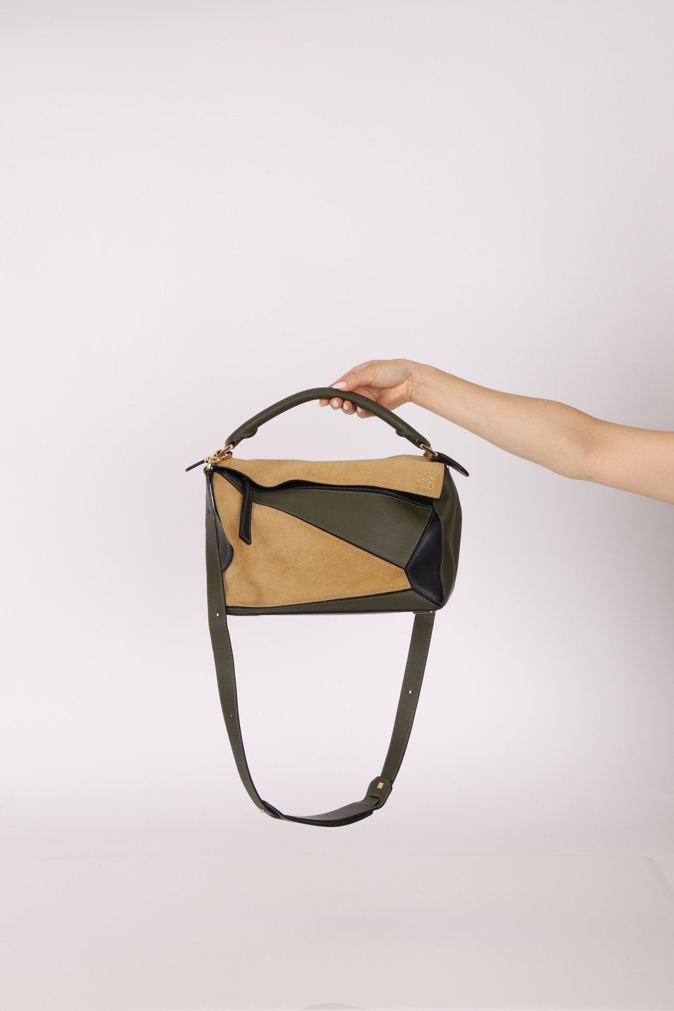 Loewe Suede & Olive Medium Puzzle Bag - FashioNica