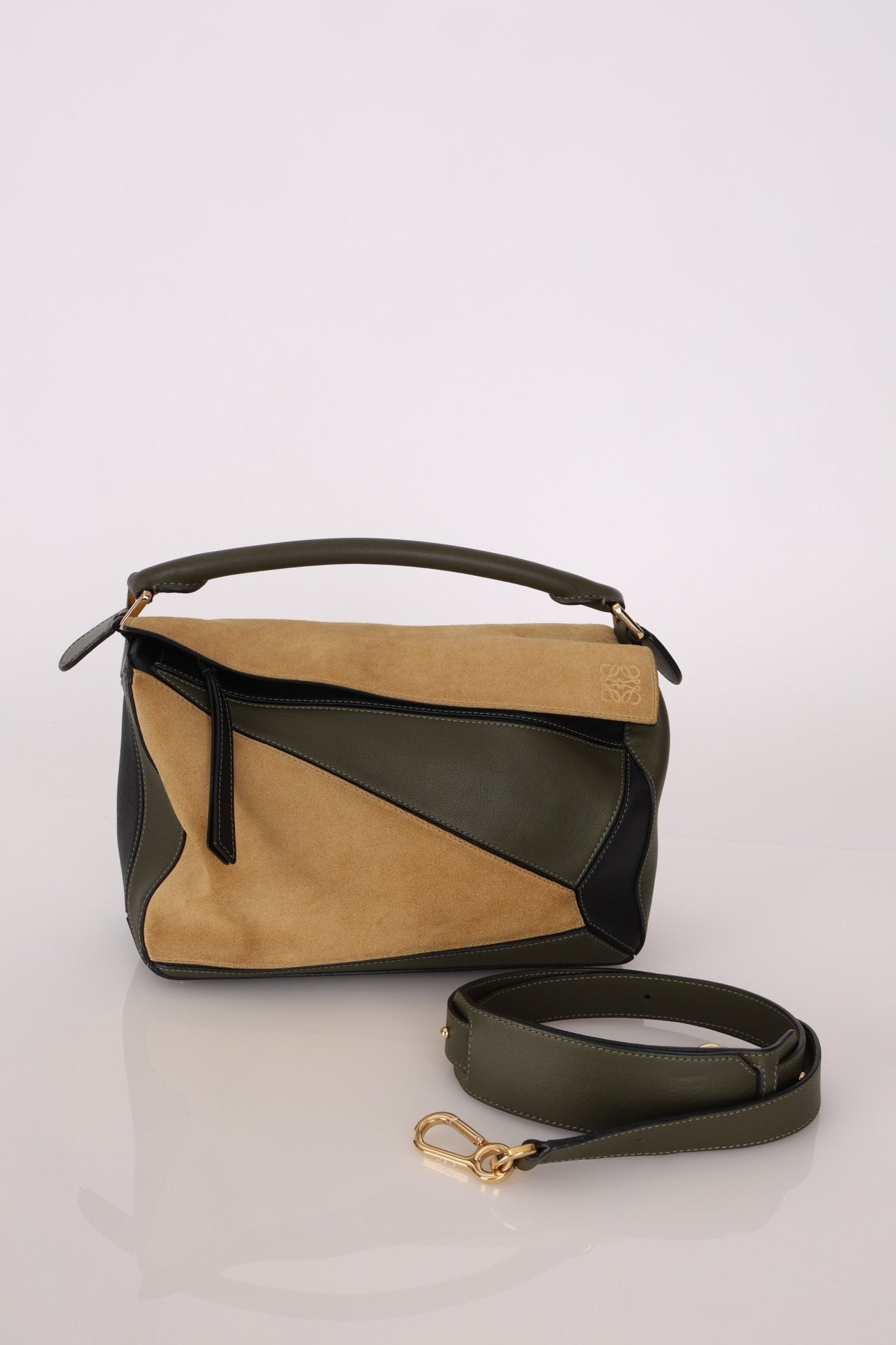 Loewe Suede & Olive Medium Puzzle Bag - FashioNica