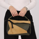 Loewe Suede & Olive Medium Puzzle Bag - FashioNica