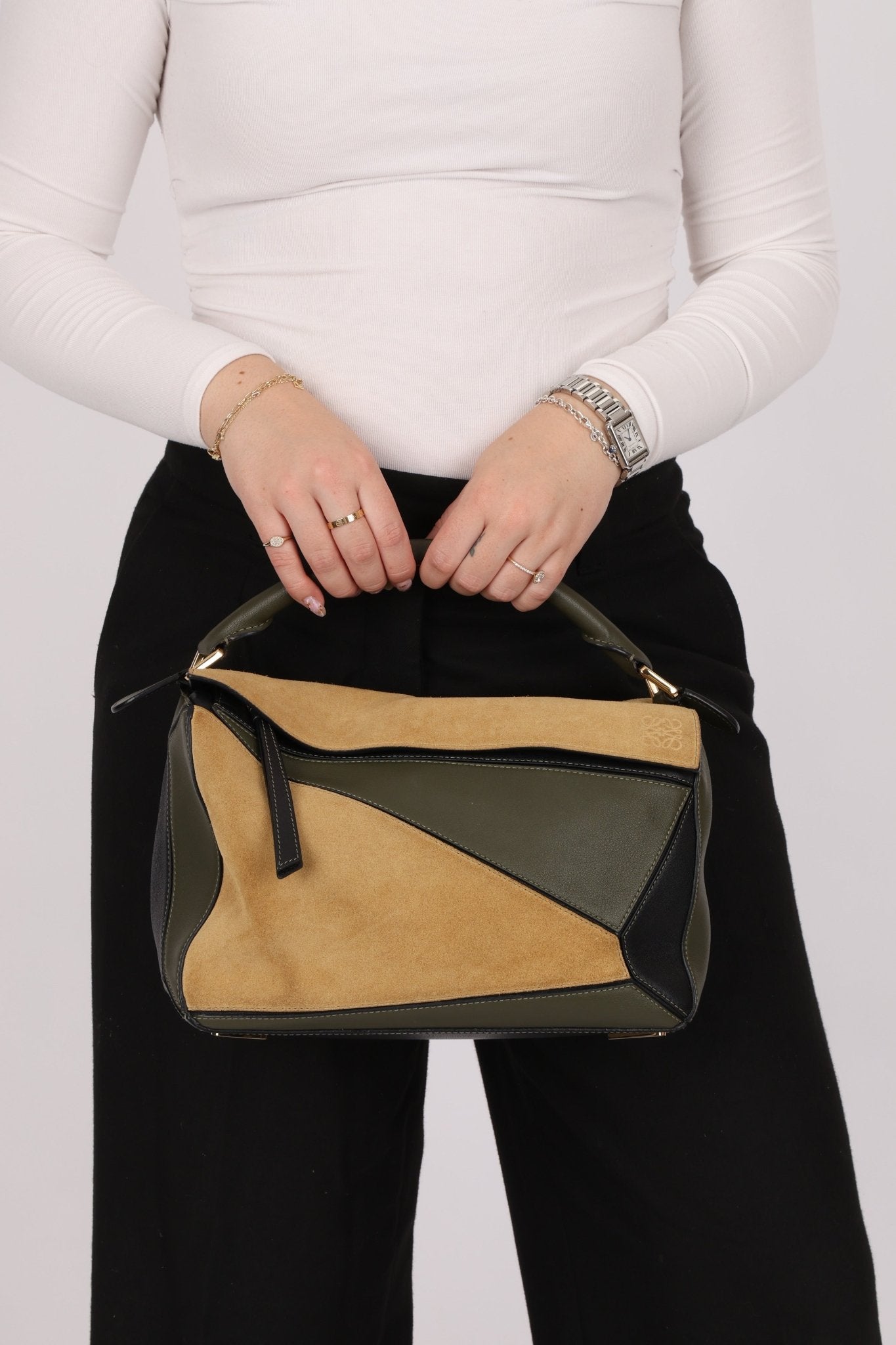Loewe Suede & Olive Medium Puzzle Bag - FashioNica