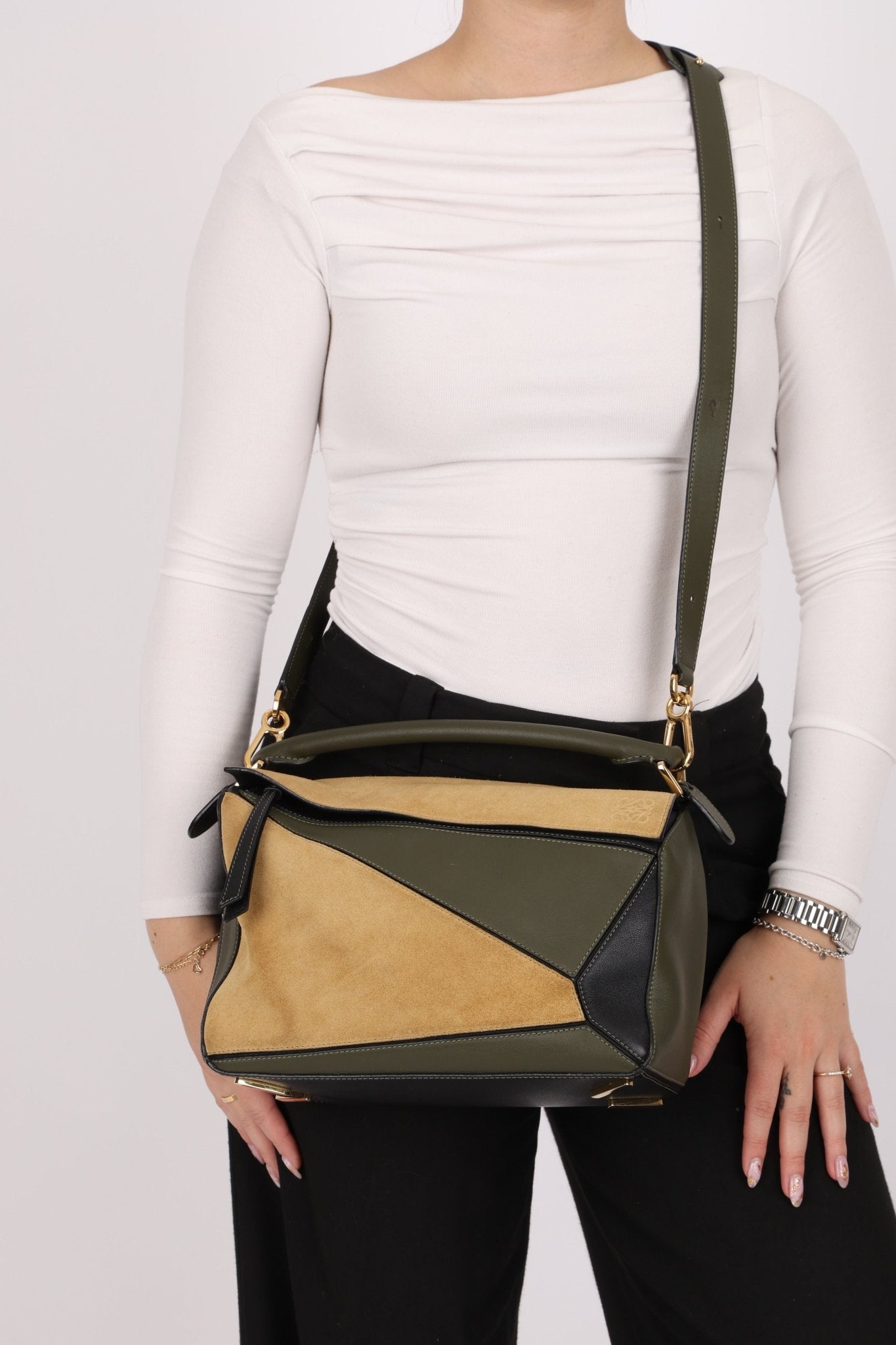 Loewe Suede & Olive Medium Puzzle Bag - FashioNica