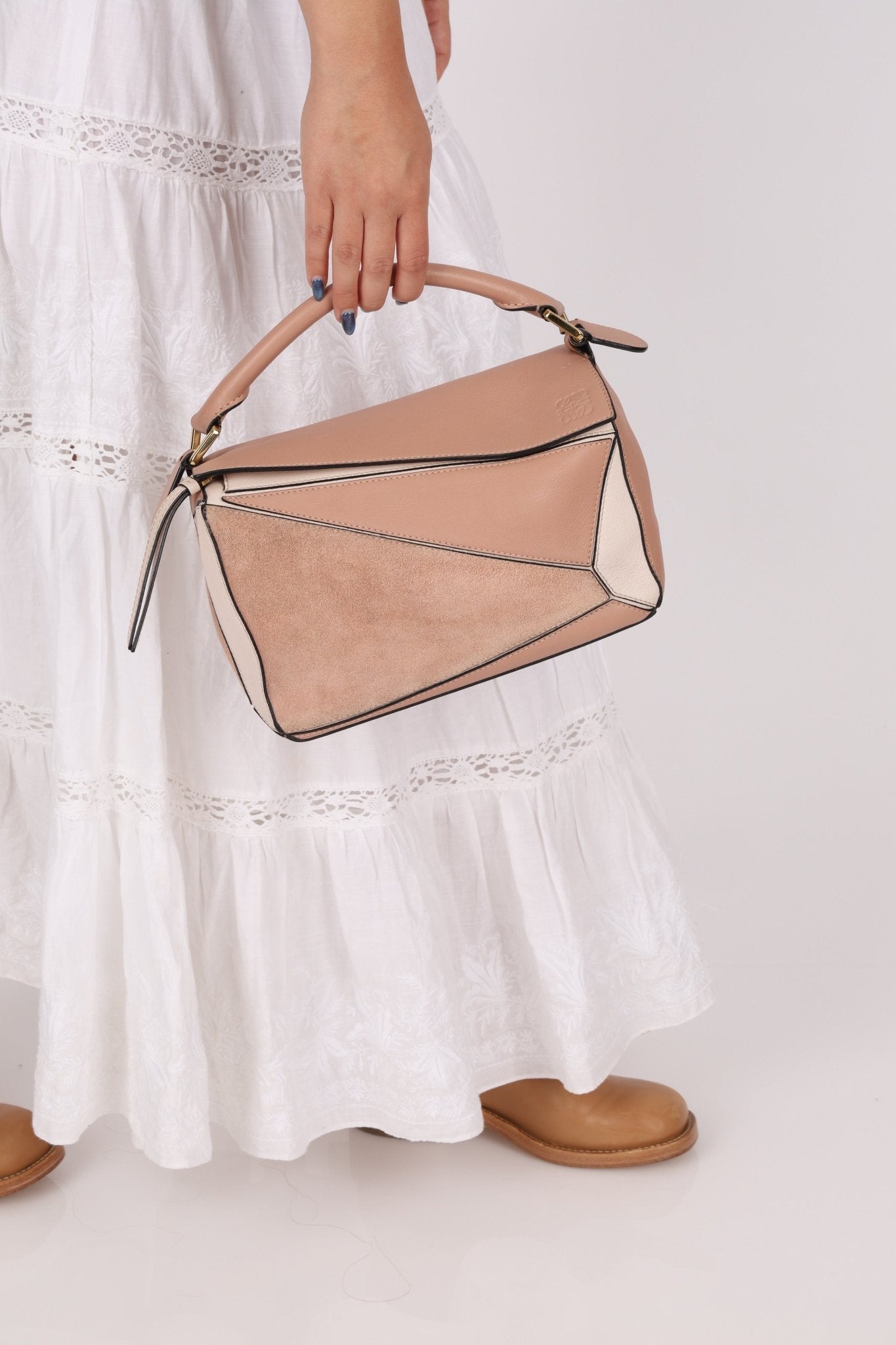 Loewe Suede Pink Bicolor Small Puzzle Bag - FashioNica