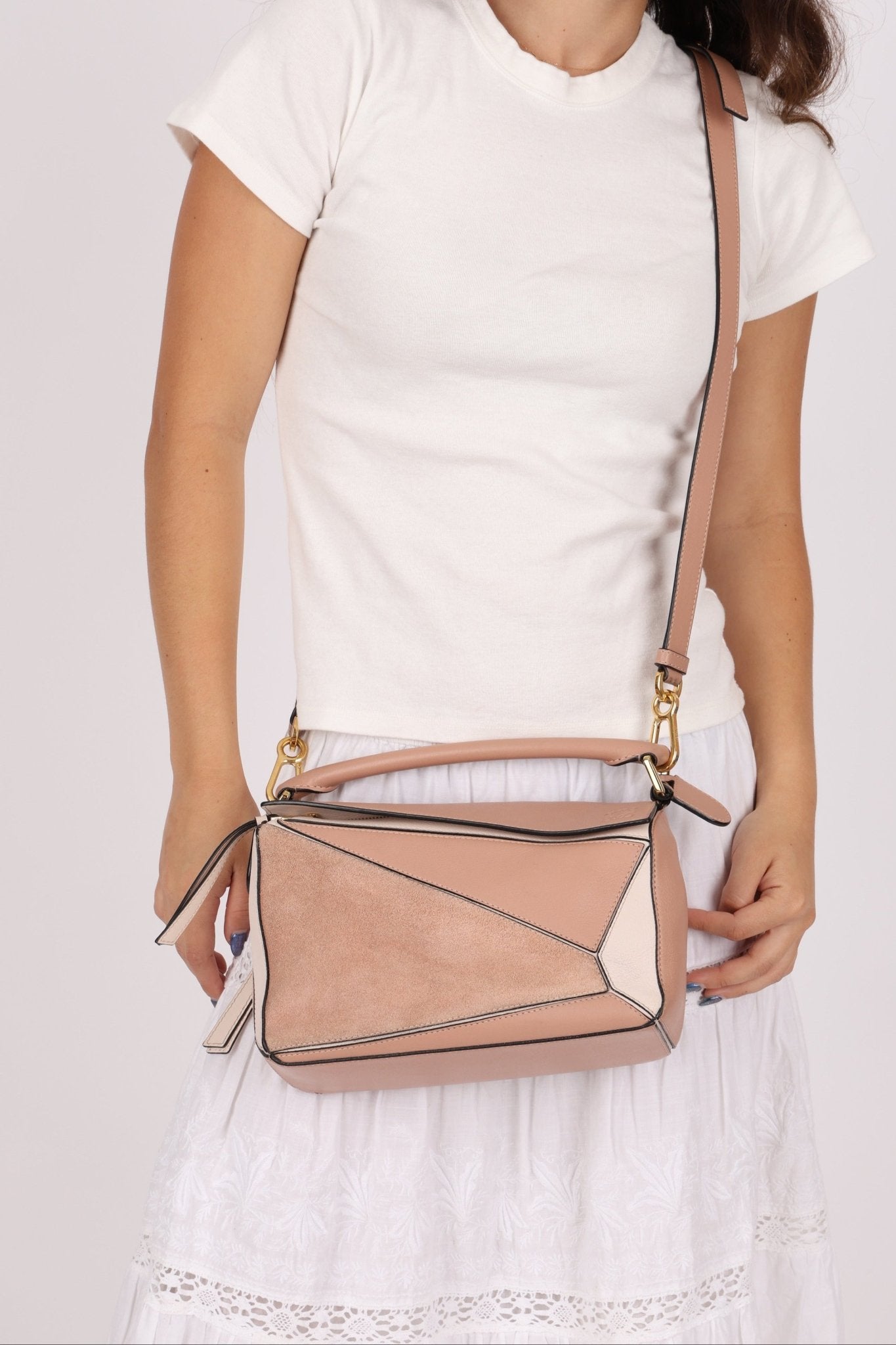 Loewe Suede Pink Bicolor Small Puzzle Bag - FashioNica