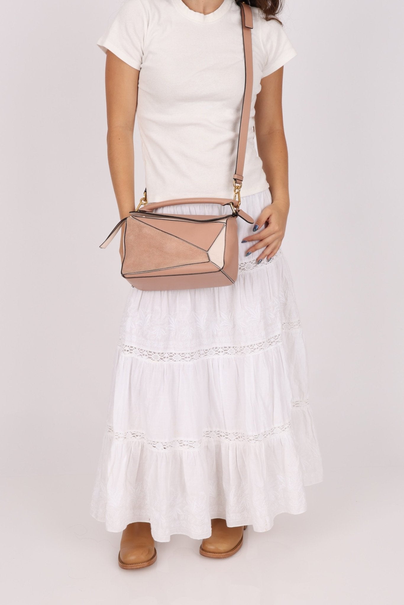 Loewe Suede Pink Bicolor Small Puzzle Bag - FashioNica