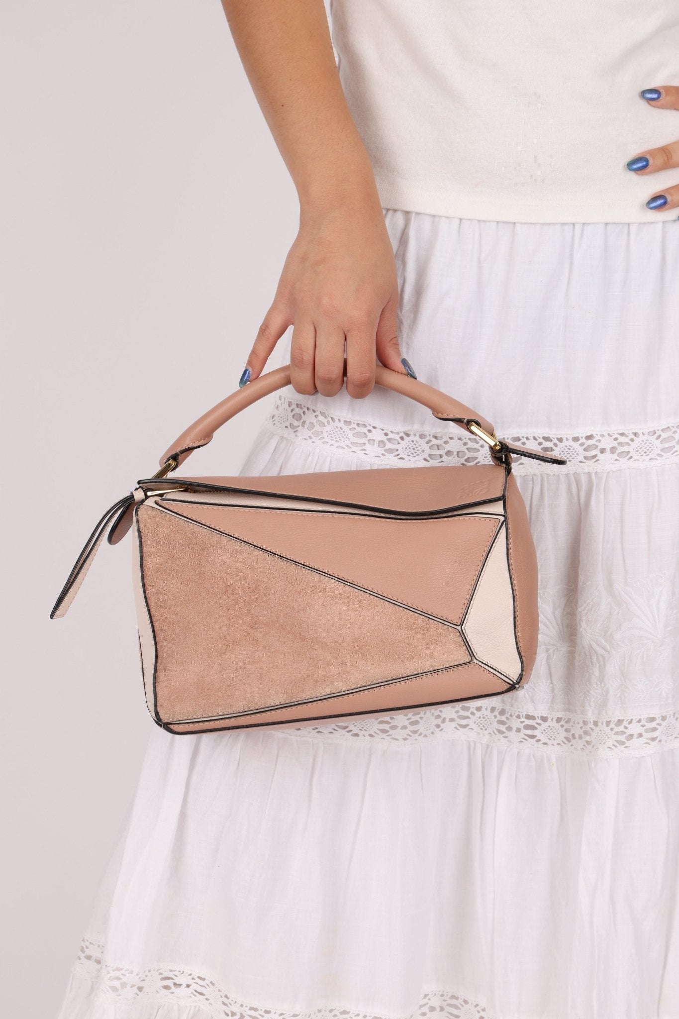 Loewe Suede Pink Bicolor Small Puzzle Bag - FashioNica