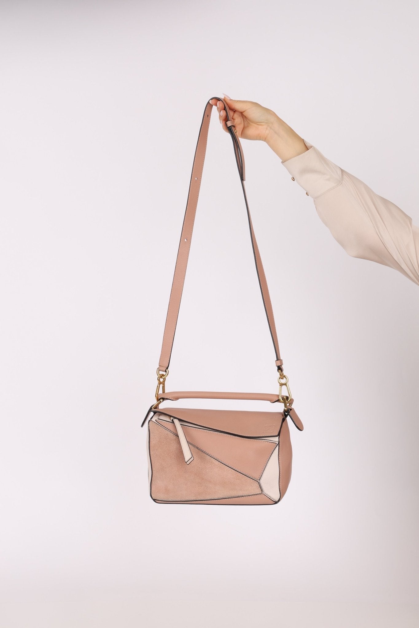Loewe Suede Pink Bicolor Small Puzzle Bag - FashioNica