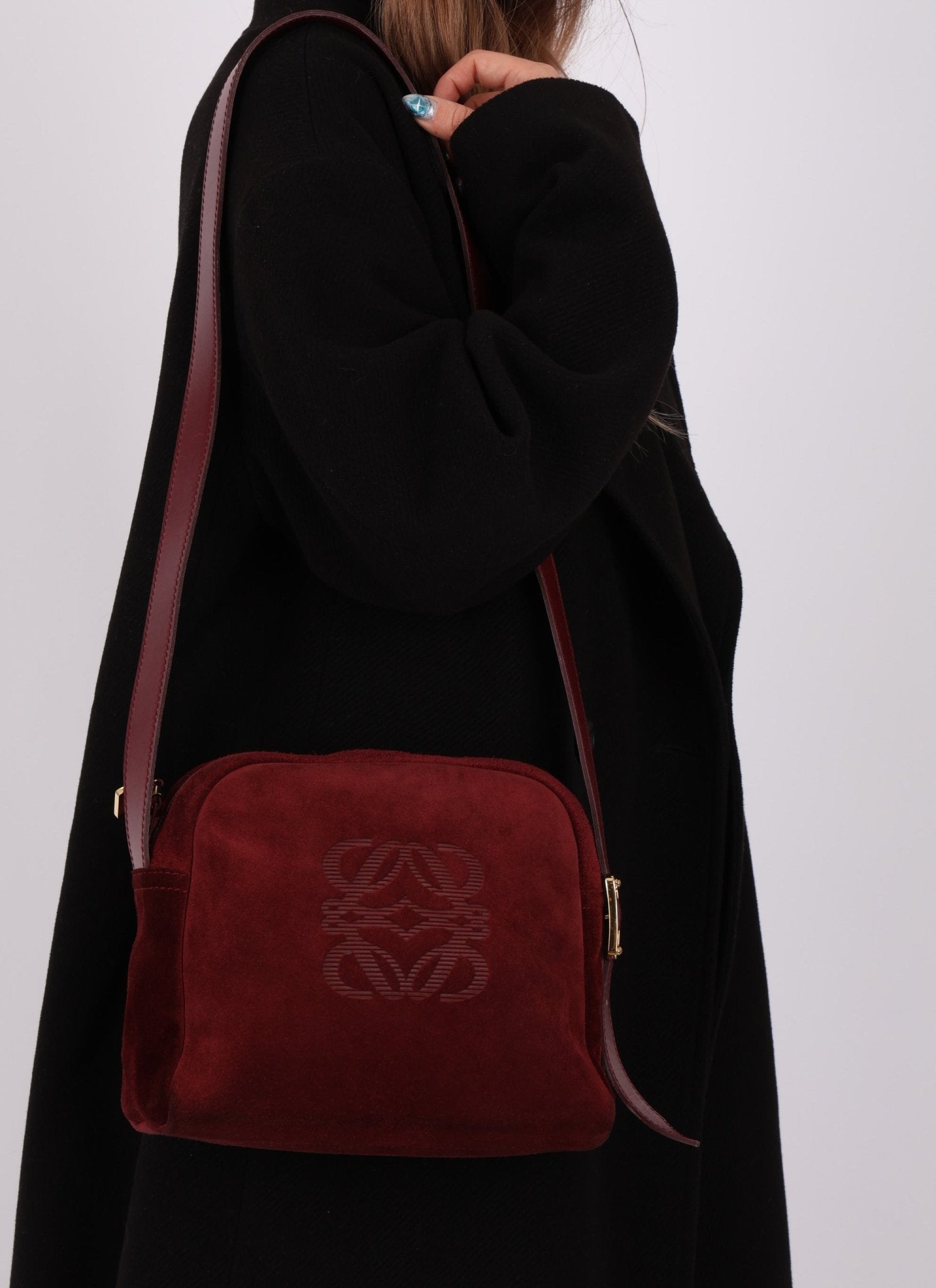 Loewe Suede Wine Red Anagram Crossbody - FashioNica