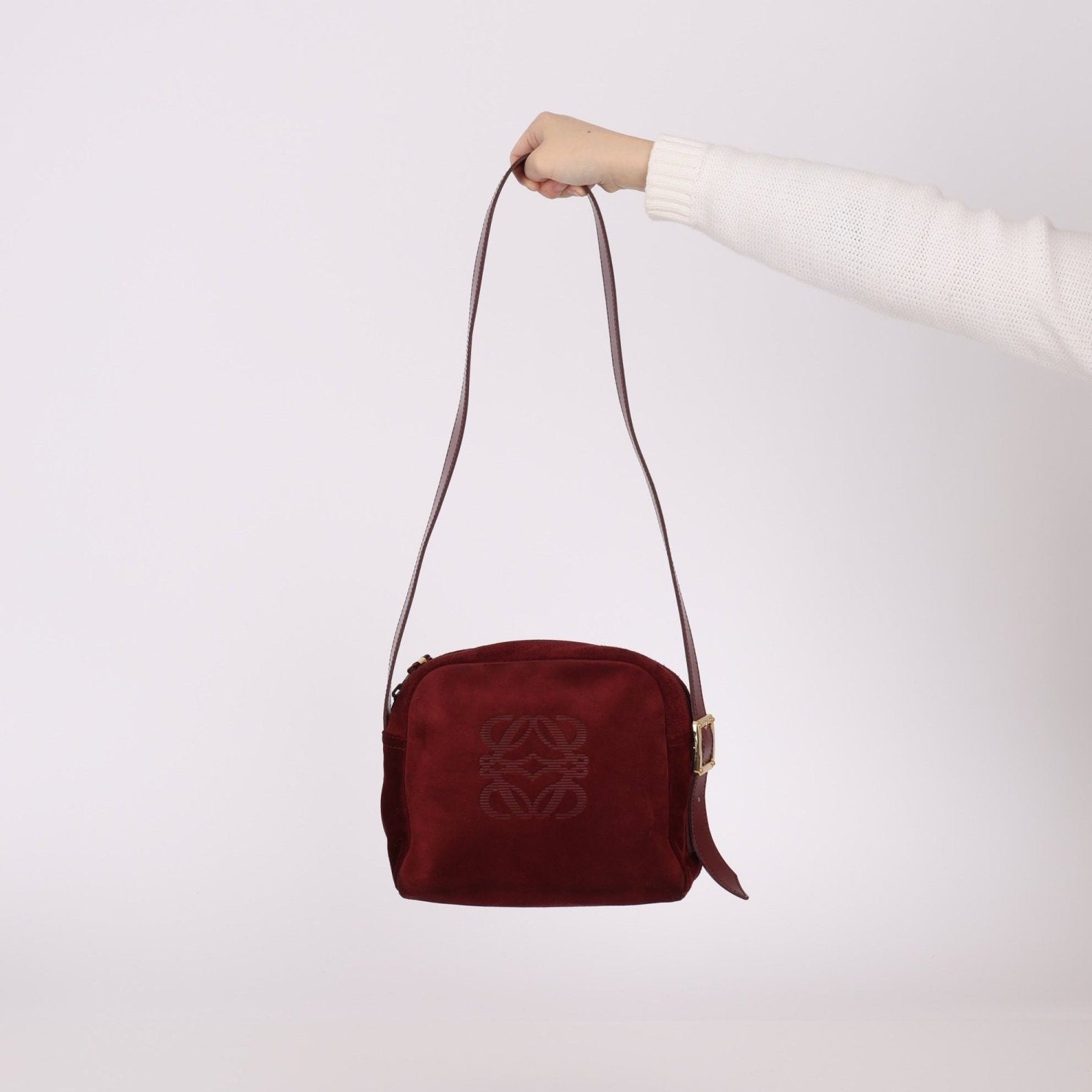 Loewe Suede Wine Red Anagram Crossbody - FashioNica
