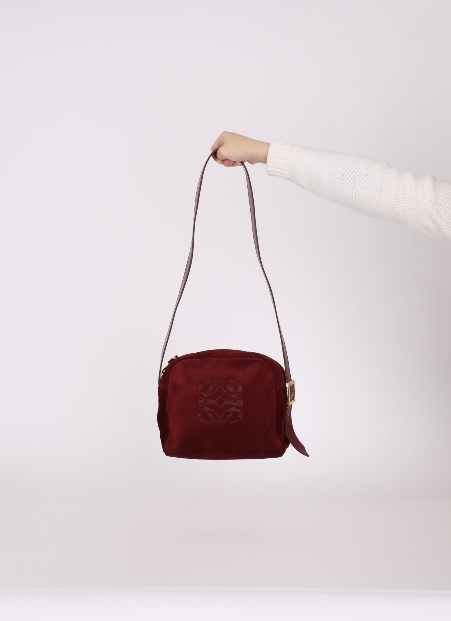 Loewe Suede Wine Red Anagram Crossbody - FashioNica