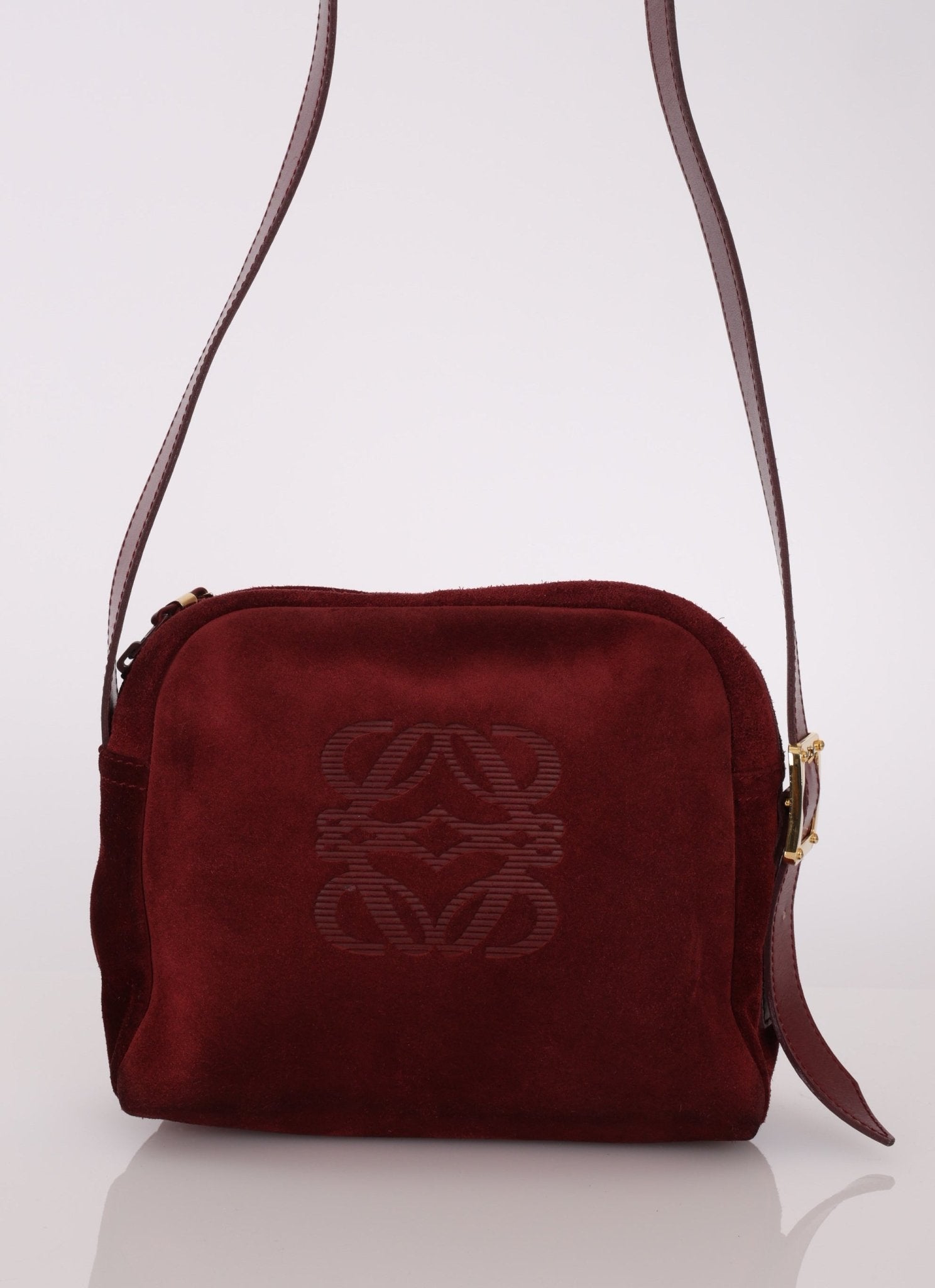 Loewe Suede Wine Red Anagram Crossbody - FashioNica