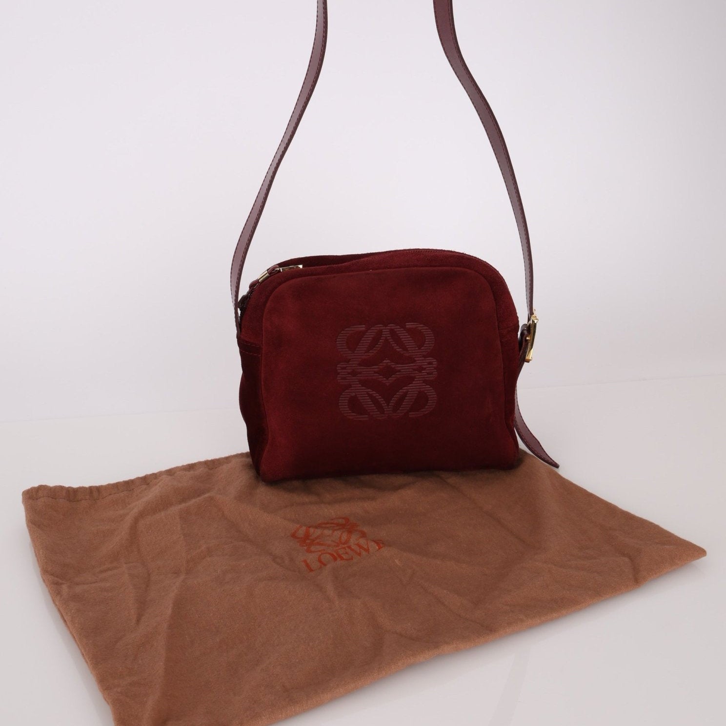 Loewe Suede Wine Red Anagram Crossbody - FashioNica