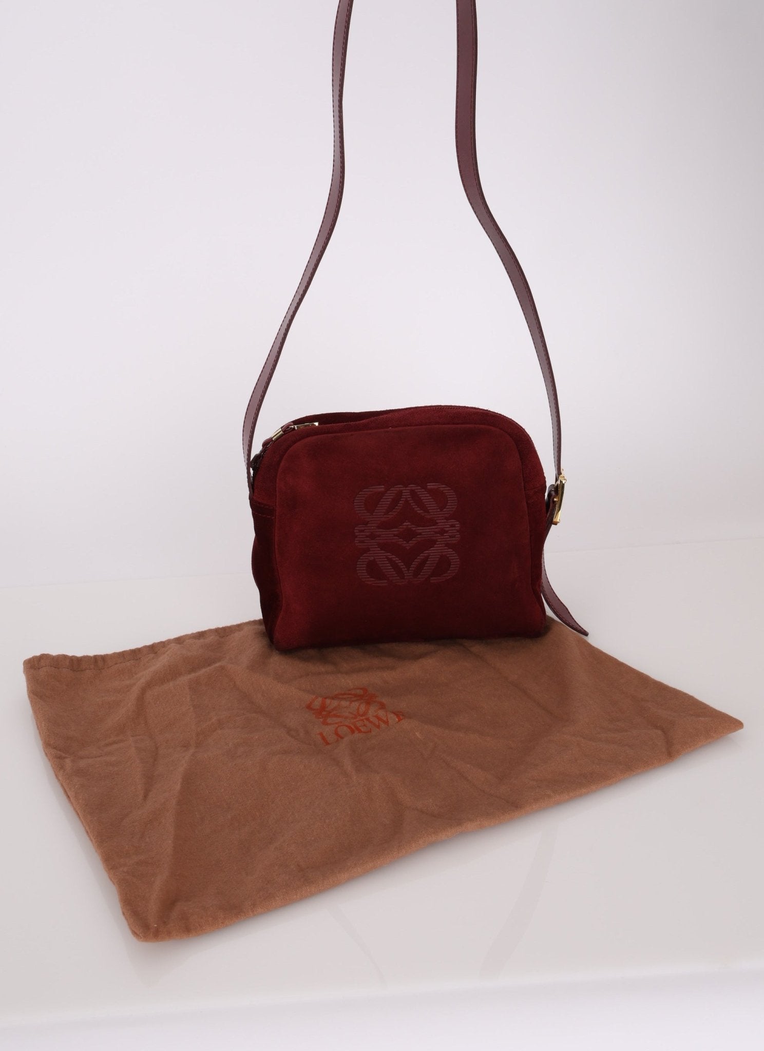 Loewe Suede Wine Red Anagram Crossbody - FashioNica