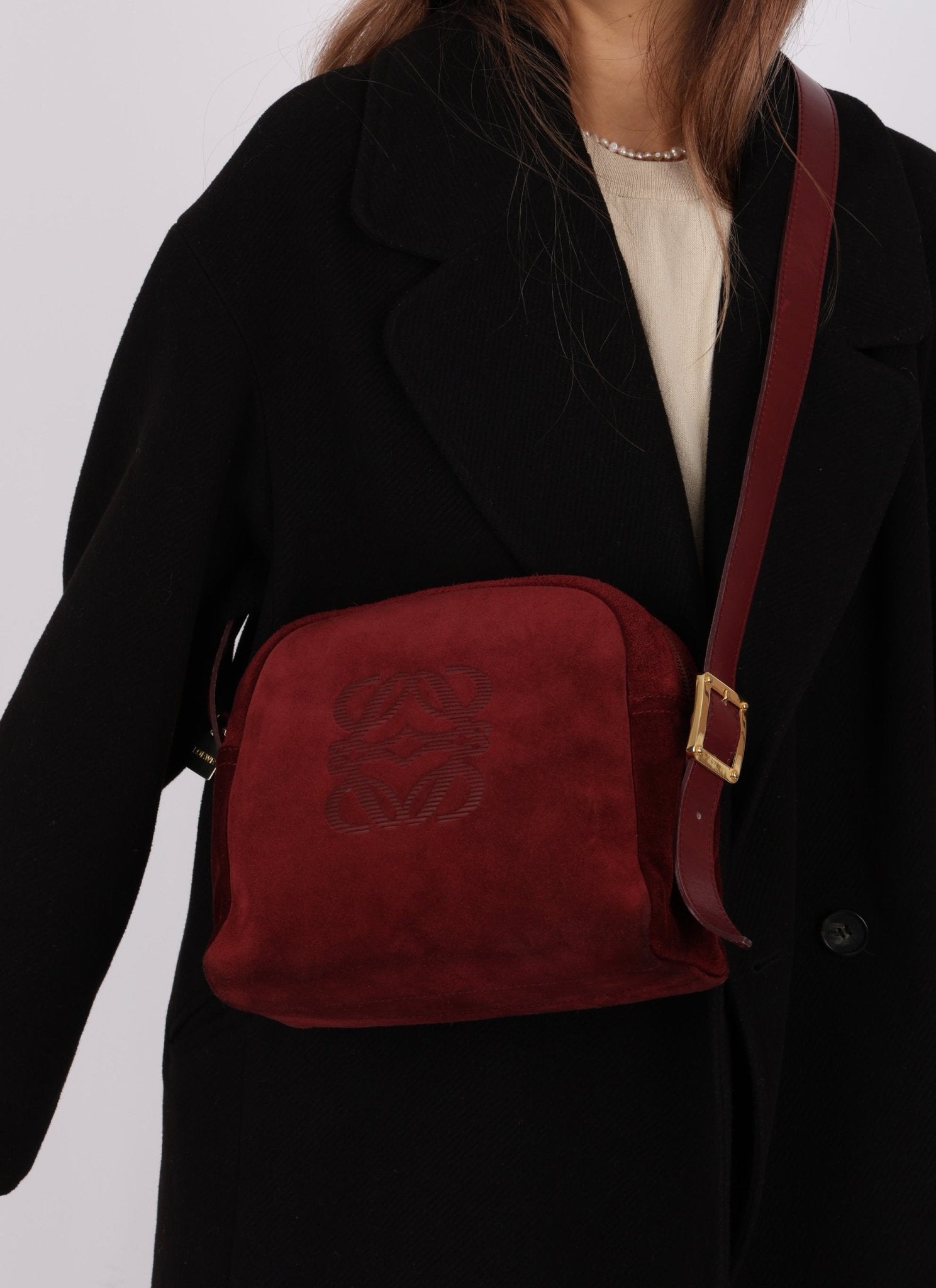 Loewe Suede Wine Red Anagram Crossbody - FashioNica