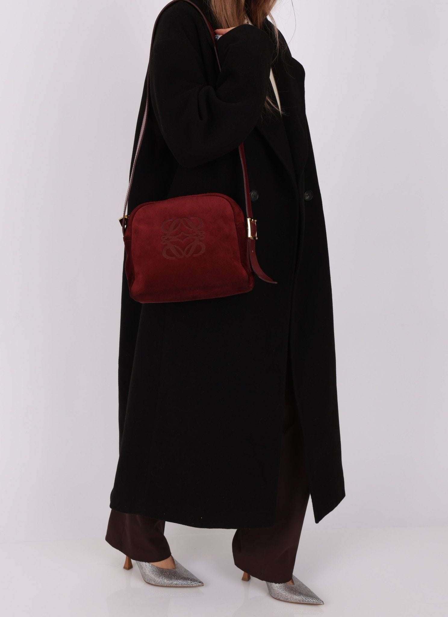 Loewe Suede Wine Red Anagram Crossbody - FashioNica