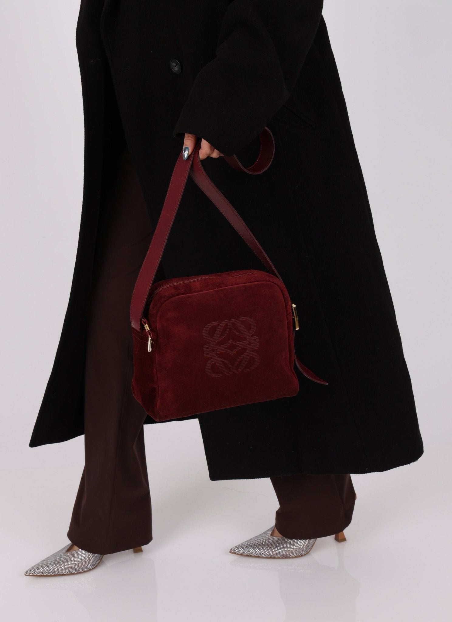 Loewe Suede Wine Red Anagram Crossbody - FashioNica
