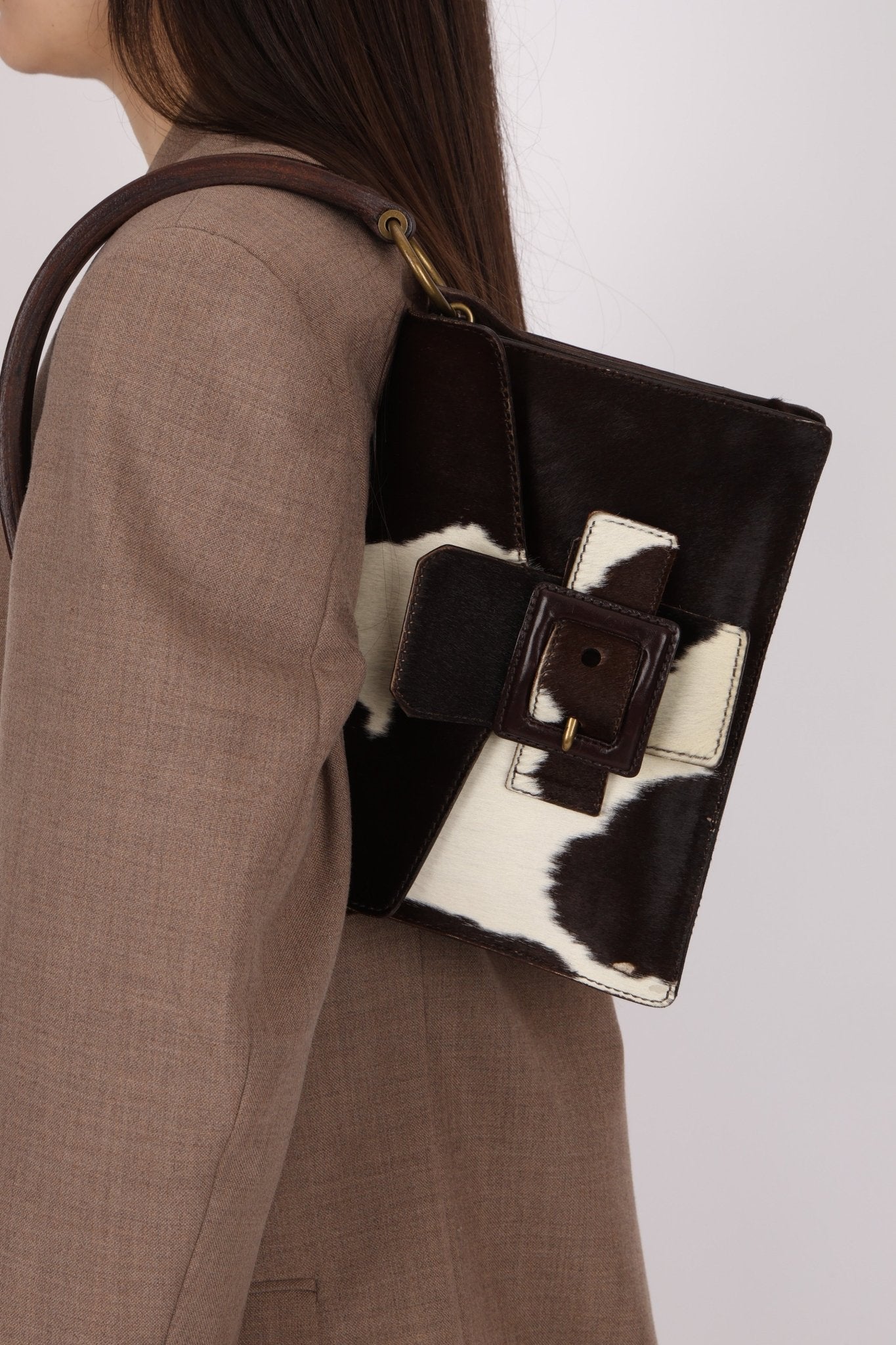 Miu Miu Ponyhair Cow Print Buckle Shoulder Bag - FashioNica