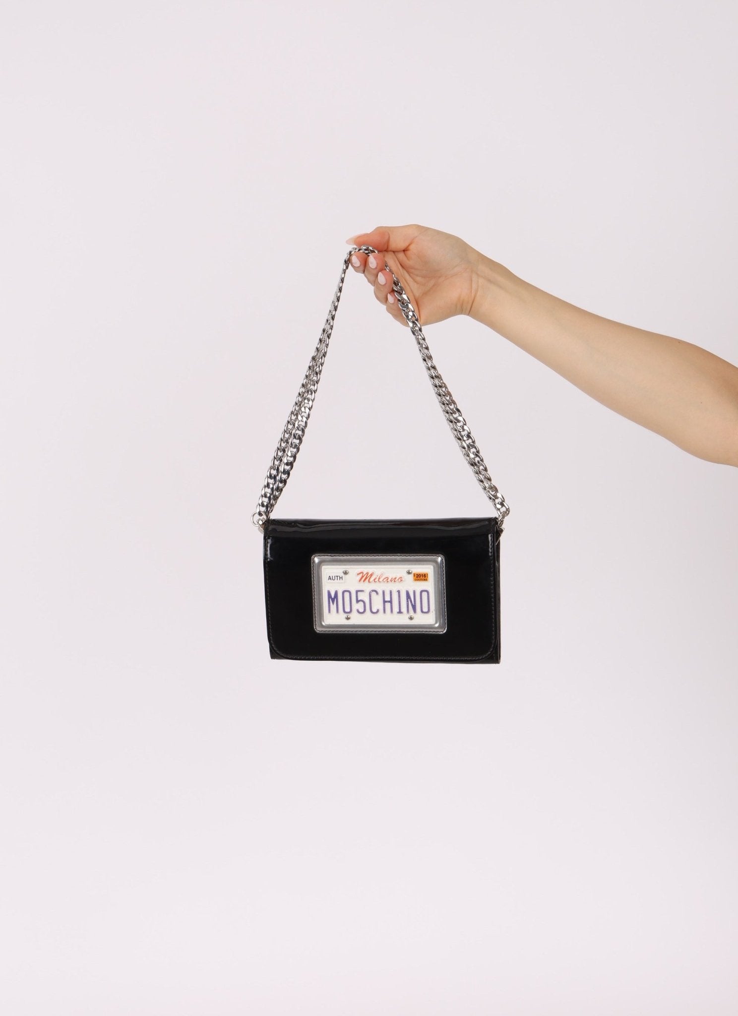 Moschino Patent License Plate Wallet on Chain - FashioNica