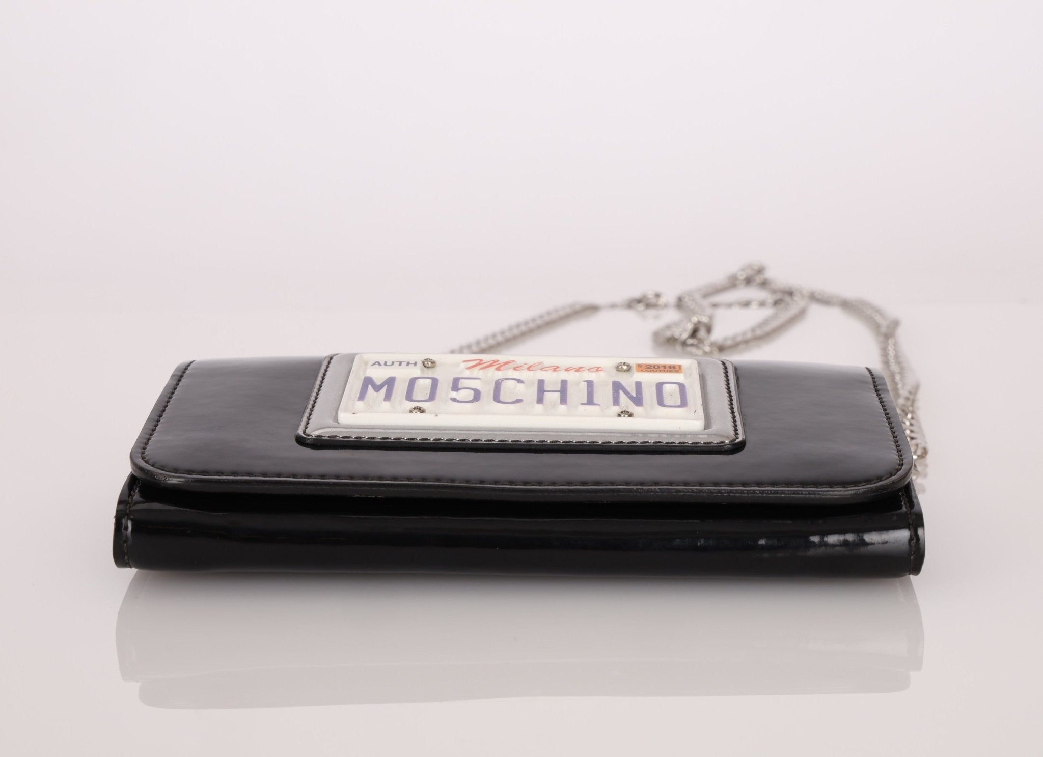 Moschino Patent License Plate Wallet on Chain - FashioNica