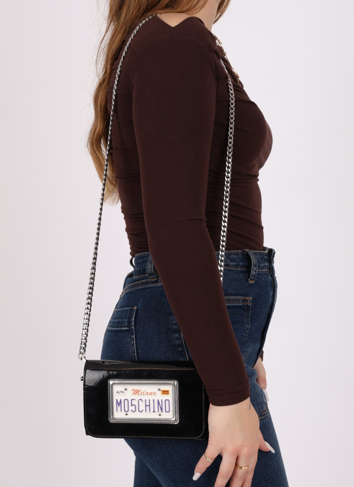 Moschino Patent License Plate Wallet on Chain - FashioNica